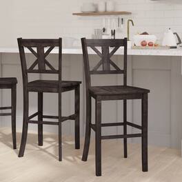 Emma + Oliver - Lara Set of 2 Wooden Modern Farmhouse Bar Height Dining Stool with Decorative Carved Backrest and Wood Seat - Gray Wash Walnut