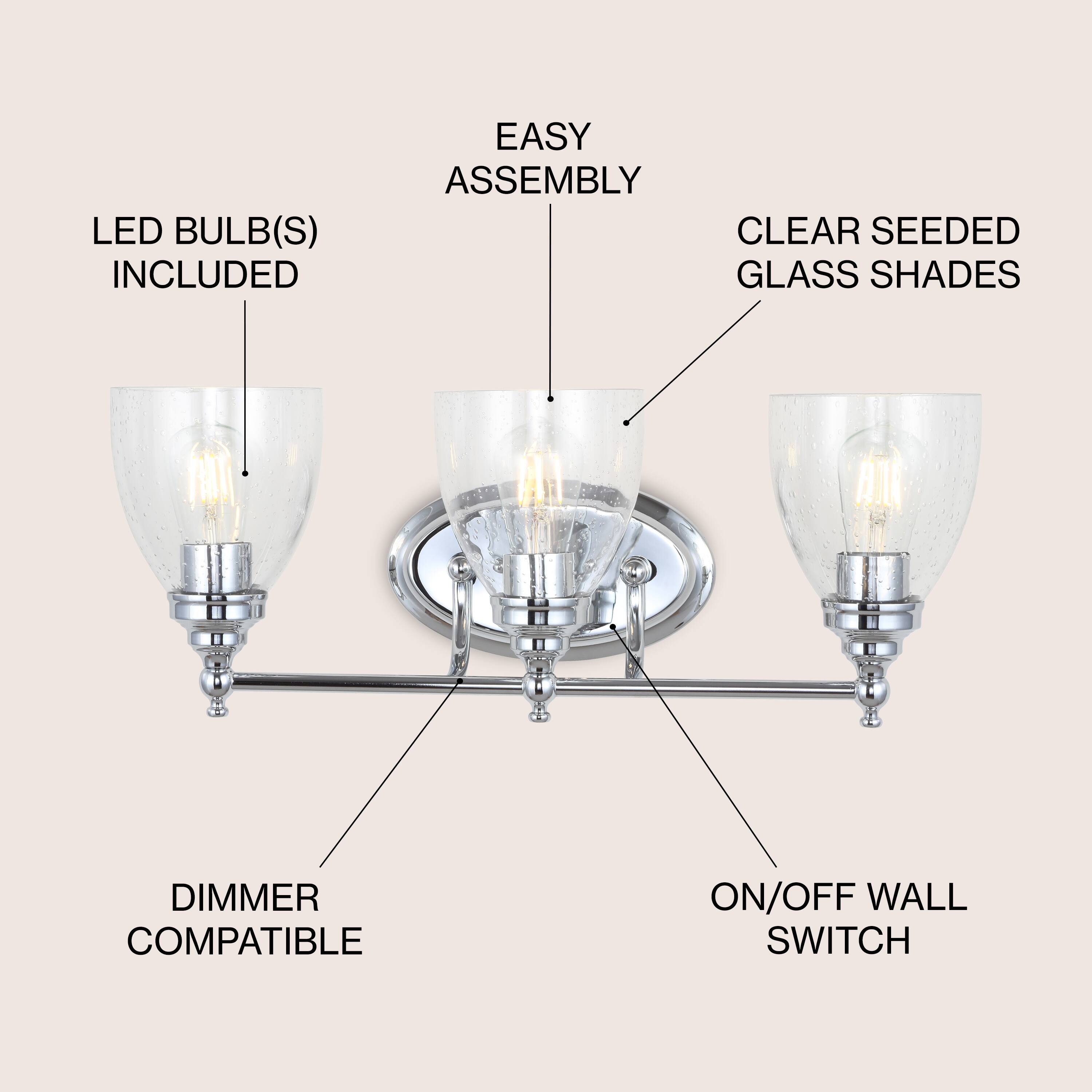 LED BULB(S) INCLUDED  
EASY ASSEMBLY  
CLEAR SEEDED GLASS SHADES  
DIMMER COMPATIBLE  
ON/OFF WALL SWITCH
