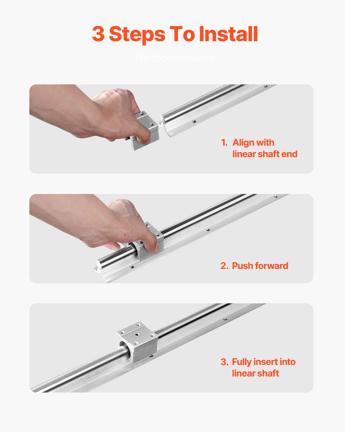 3 Steps To Install  
No tools required

1. Align with linear shaft end  
2. Push forward  
3. Fully insert into linear shaft