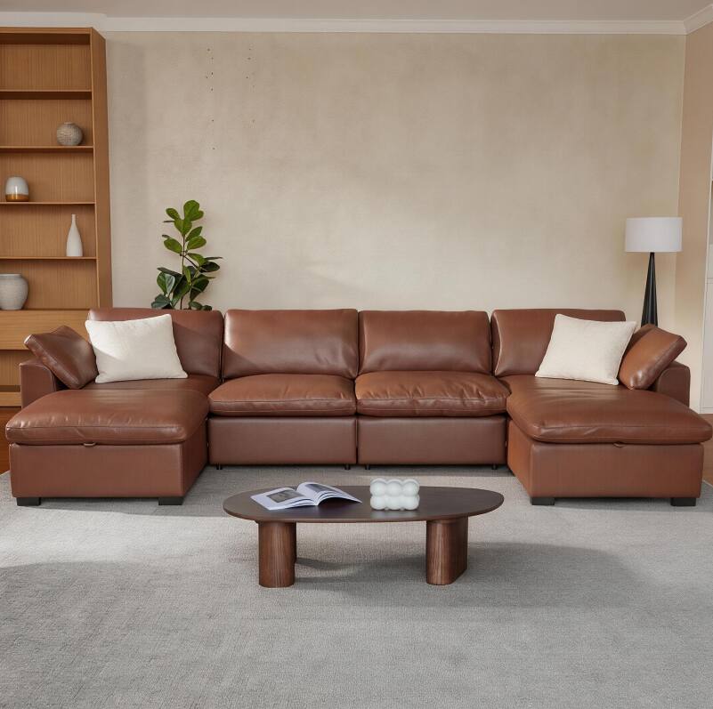 Angle. Dyonery - 160" PU Sofa, ideal for family living rooms, modern U-shaped sectional sofa with convertible ottoman, modular sofa. - Brown.
