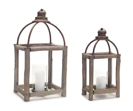 Front. BreeBe - Rustic Wood Log and Antique Metal Lantern with Glass Hurricane (Set of 2) - Natural, Grey.