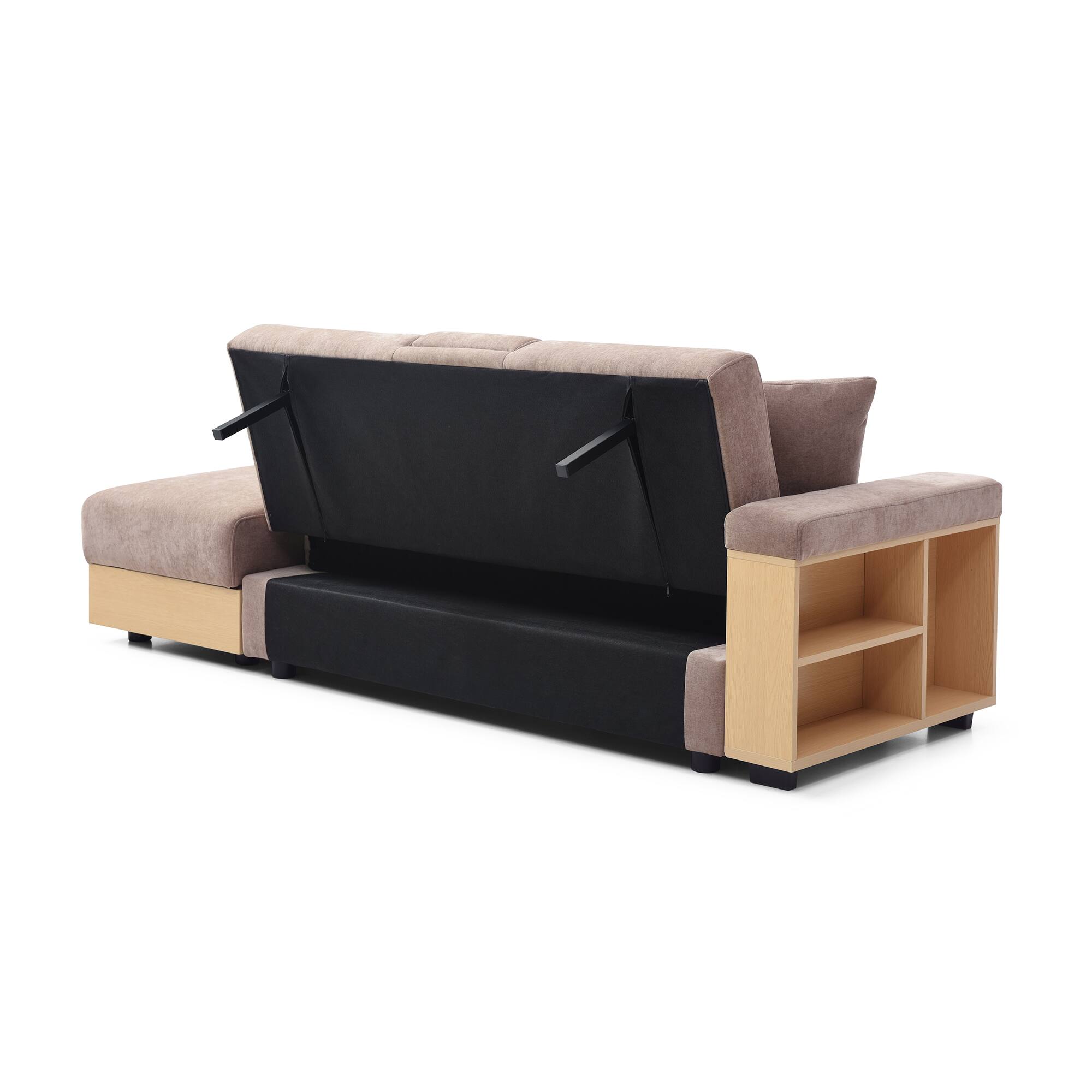 Back. TinyHomie - Convertible Sleeper Sofa Couch Multifunctional Double Folding Sofa Bed Storage Ottoman and Sofa arm - Light Brown.