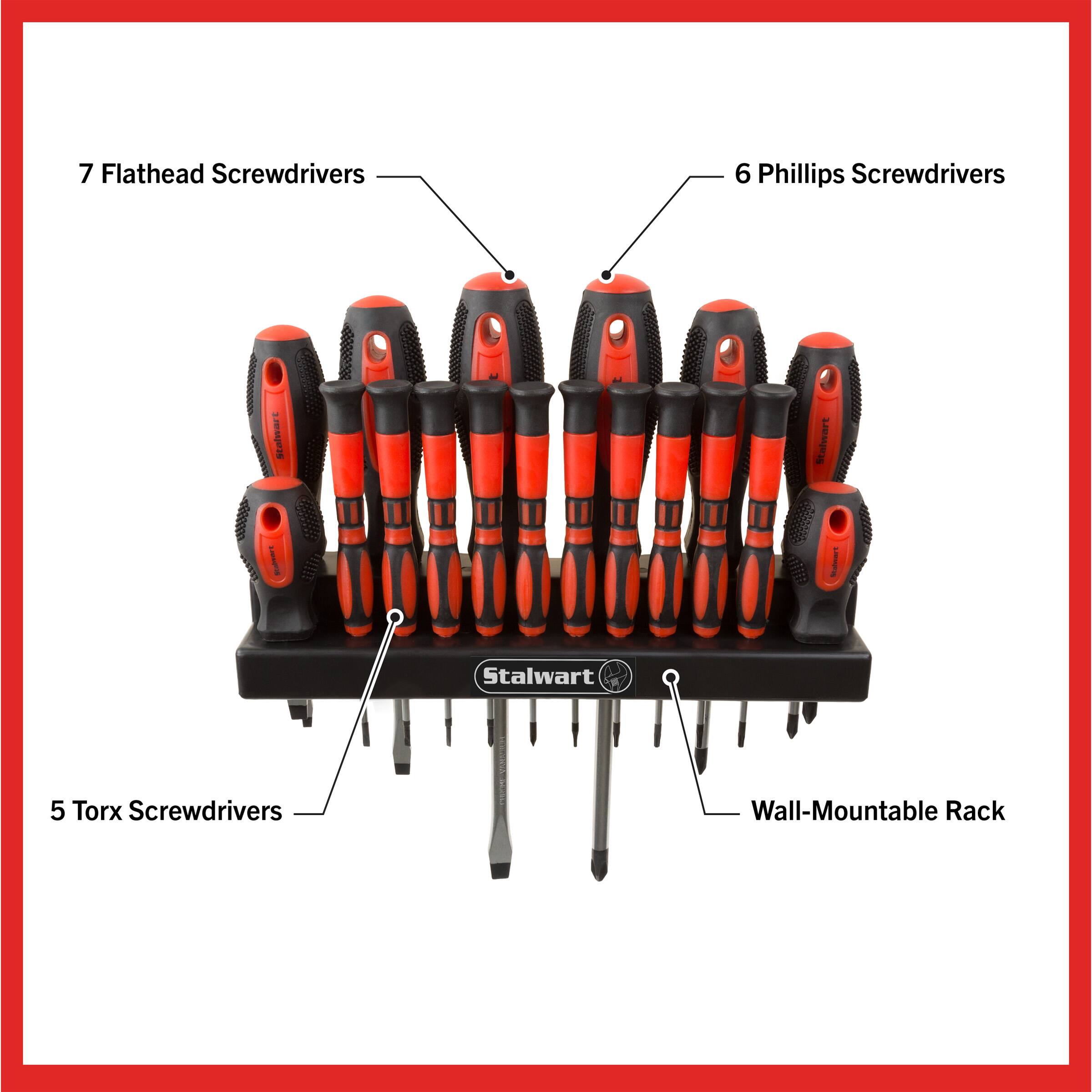 7 Flathead Screwdrivers  
6 Phillips Screwdrivers  
5 Torx Screwdrivers  
Wall-Mountable Rack  

Stalwart