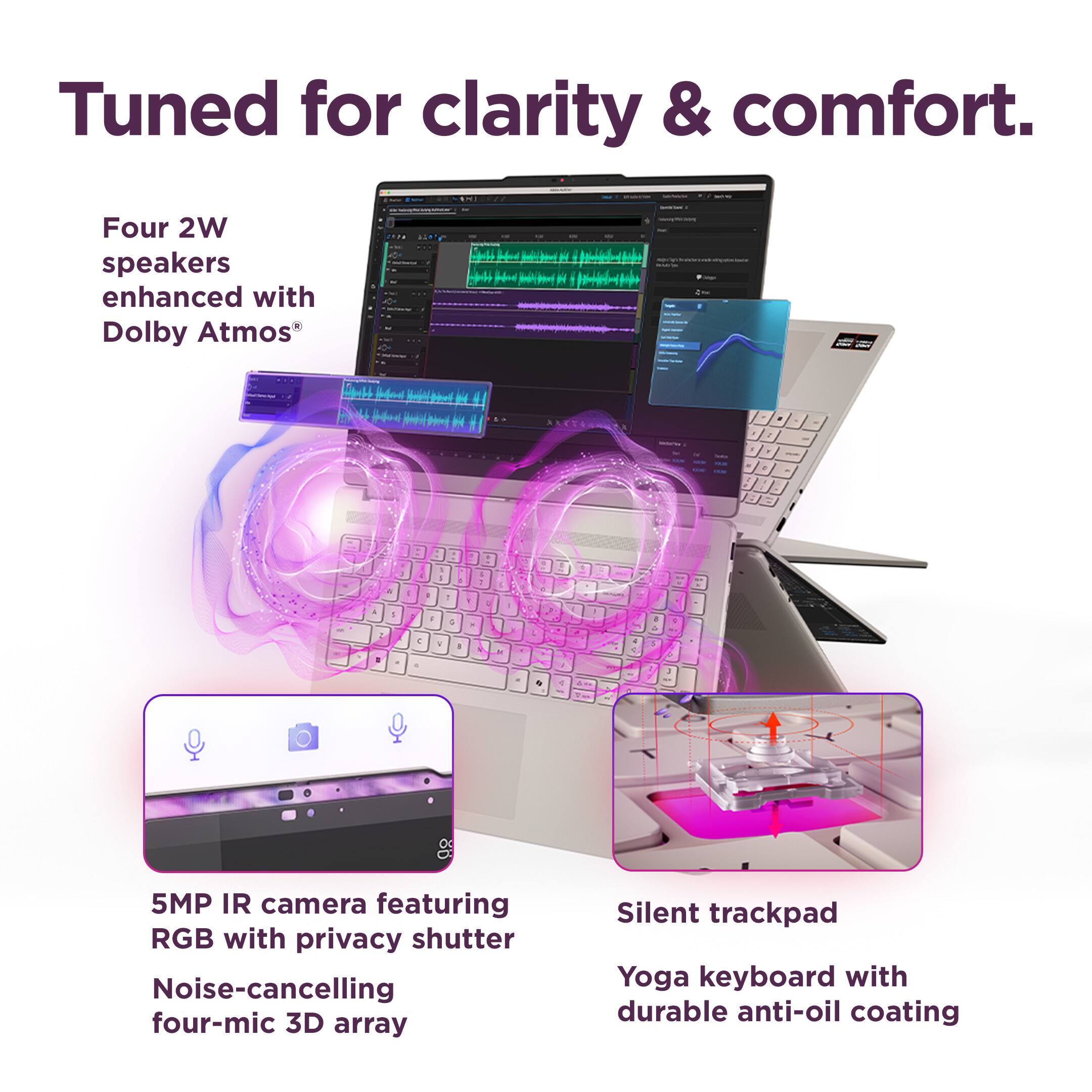 Tuned for clarity & comfort.

Four 2W speakers enhanced with Dolby Atmos

5MP IR camera featuring RGB with privacy shutter Noise-cancelling four-mic 3D array

Silent trackpad Yoga keyboard with durable anti-oil coating