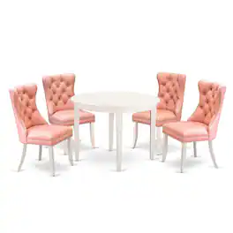 East West Furniture - 5 Piece Dining Room Furniture Set Contains a Round Dining Table - White