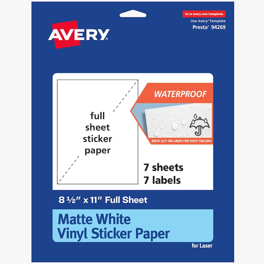 Avery Printable Vinyl Sticker Paper, 8 1/2" x 11", 7 Sheets White 94269