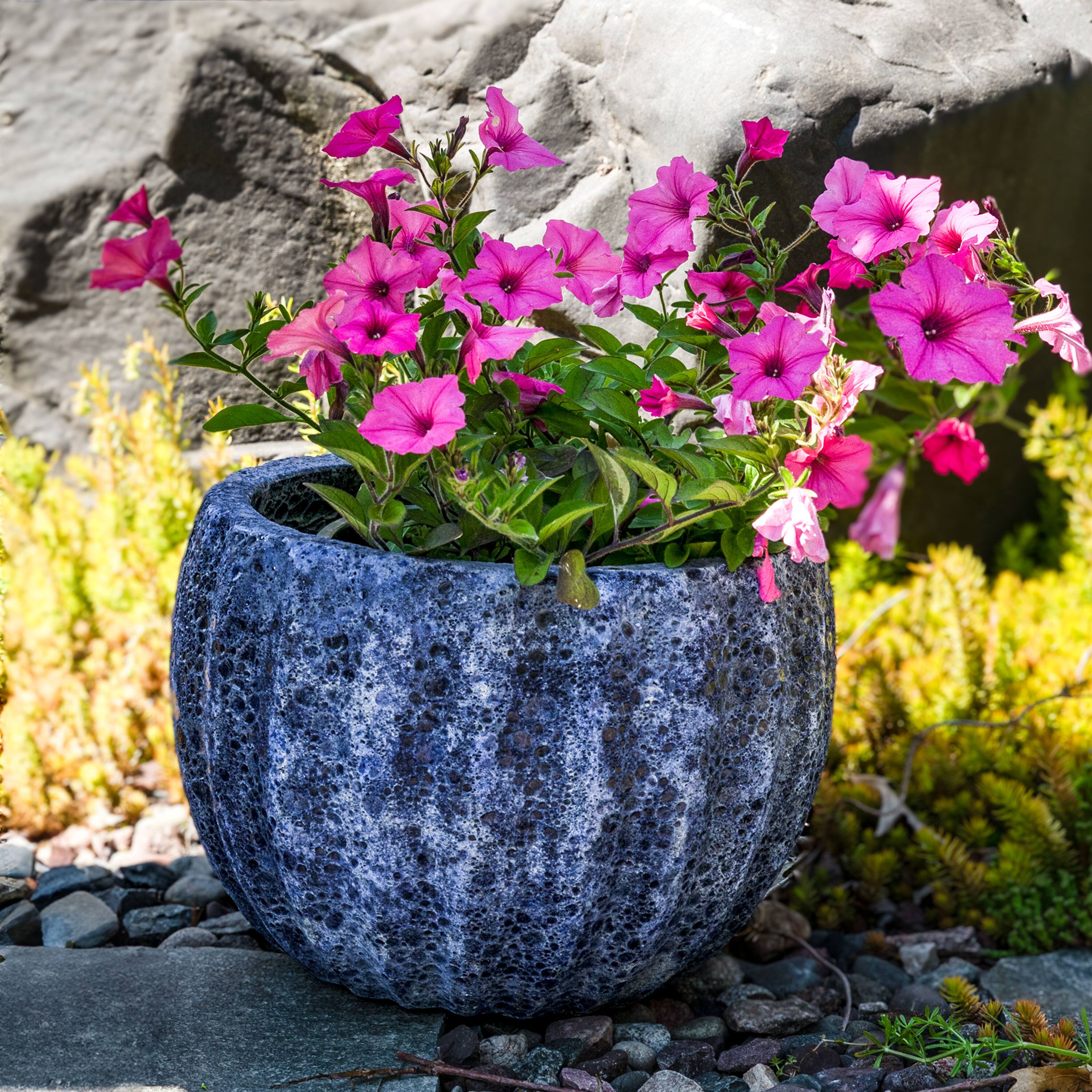 Alt View 1. Sunnydaze - 13.5" Fluted Lava Finish Ceramic Planter - Dark Blue.