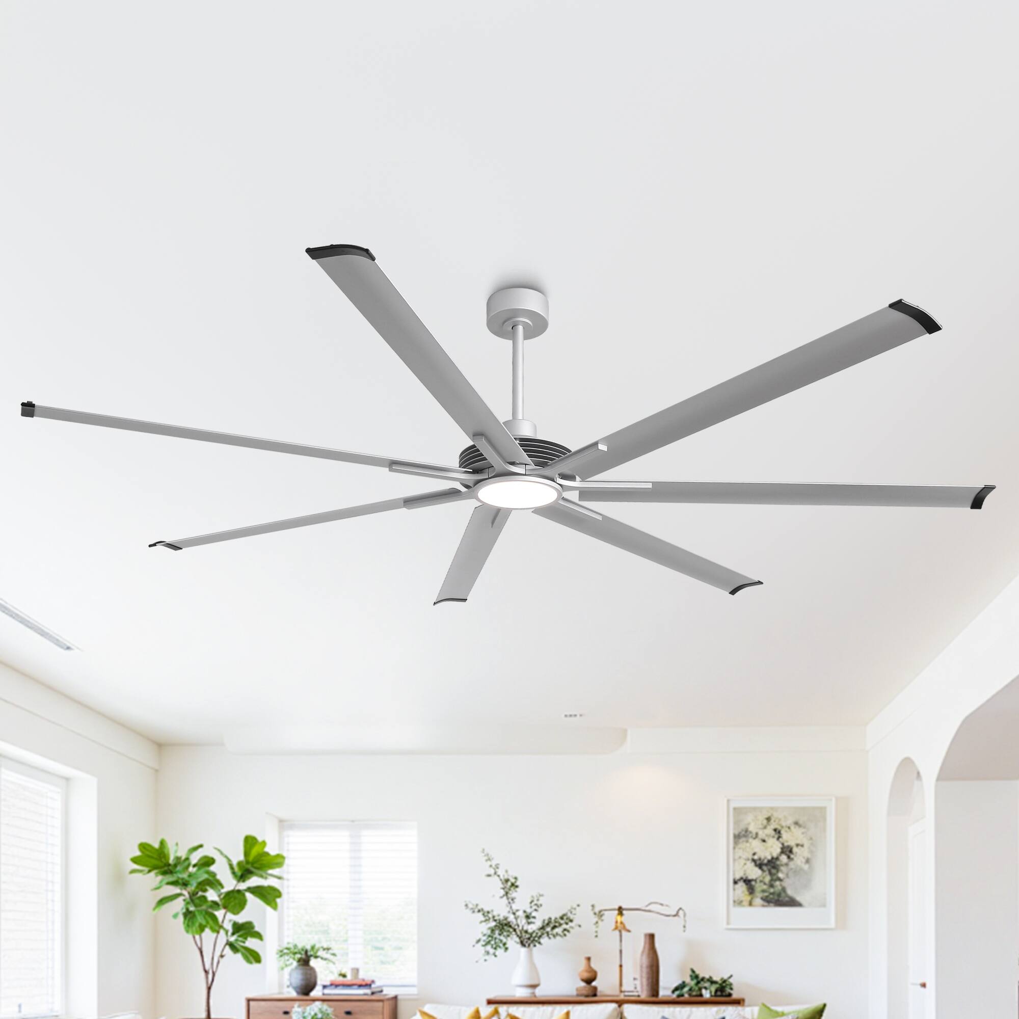 Front. Parrot Uncle - 100" Indsutrial HVLS Extra Large Commercial Ceiling Fan with Light, Aluminum Blades and Remote - Silver.
