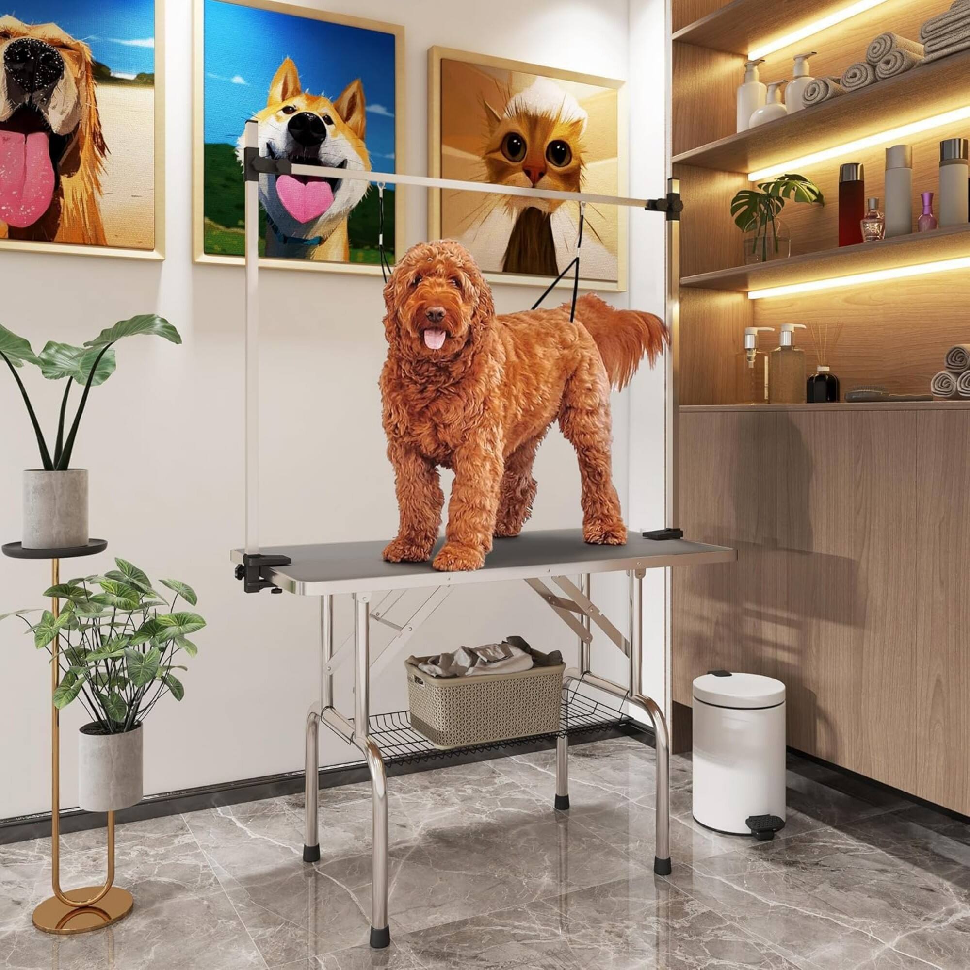 Alt View 1. Glintex - 36" Stainless steel Folding Pet Grooming Table，Dressing Table，Adjustable Arm and Storage Basket for Home and Pet Salon.