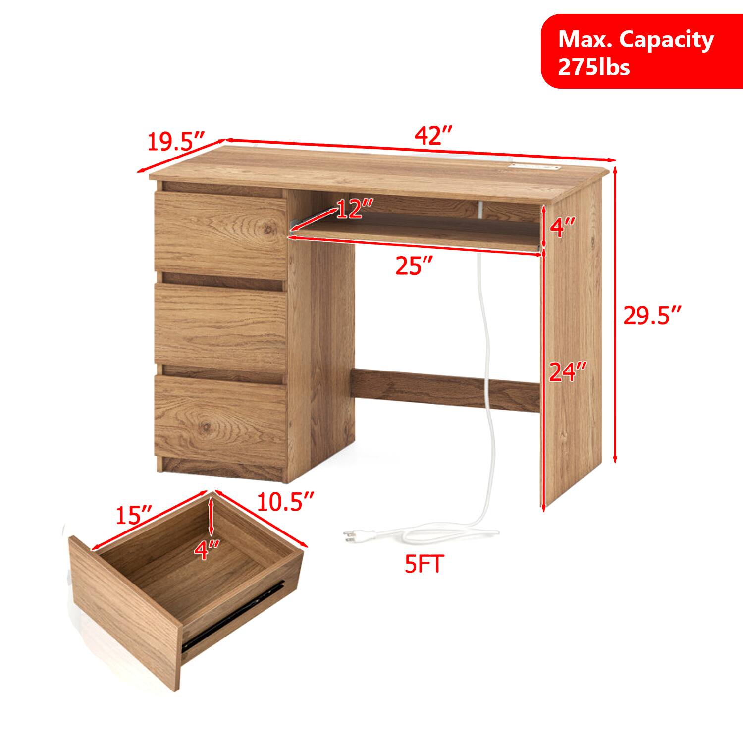 Max. Capacity 275lbs  
19.5"  
42"  
12"  
25"  
4"  
29.5"  
24"  
15"  
4"  
10.5"  
5FT