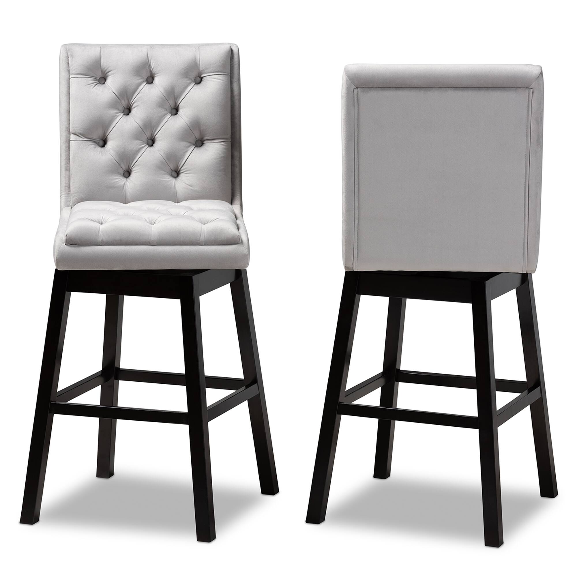 Angle. Baxton Studio - Gregory Modern Velvet Upholstered and Dark Brown Finished 2-Piece Swivel Bar Stool Set - Light Grey/ Dark Brown.