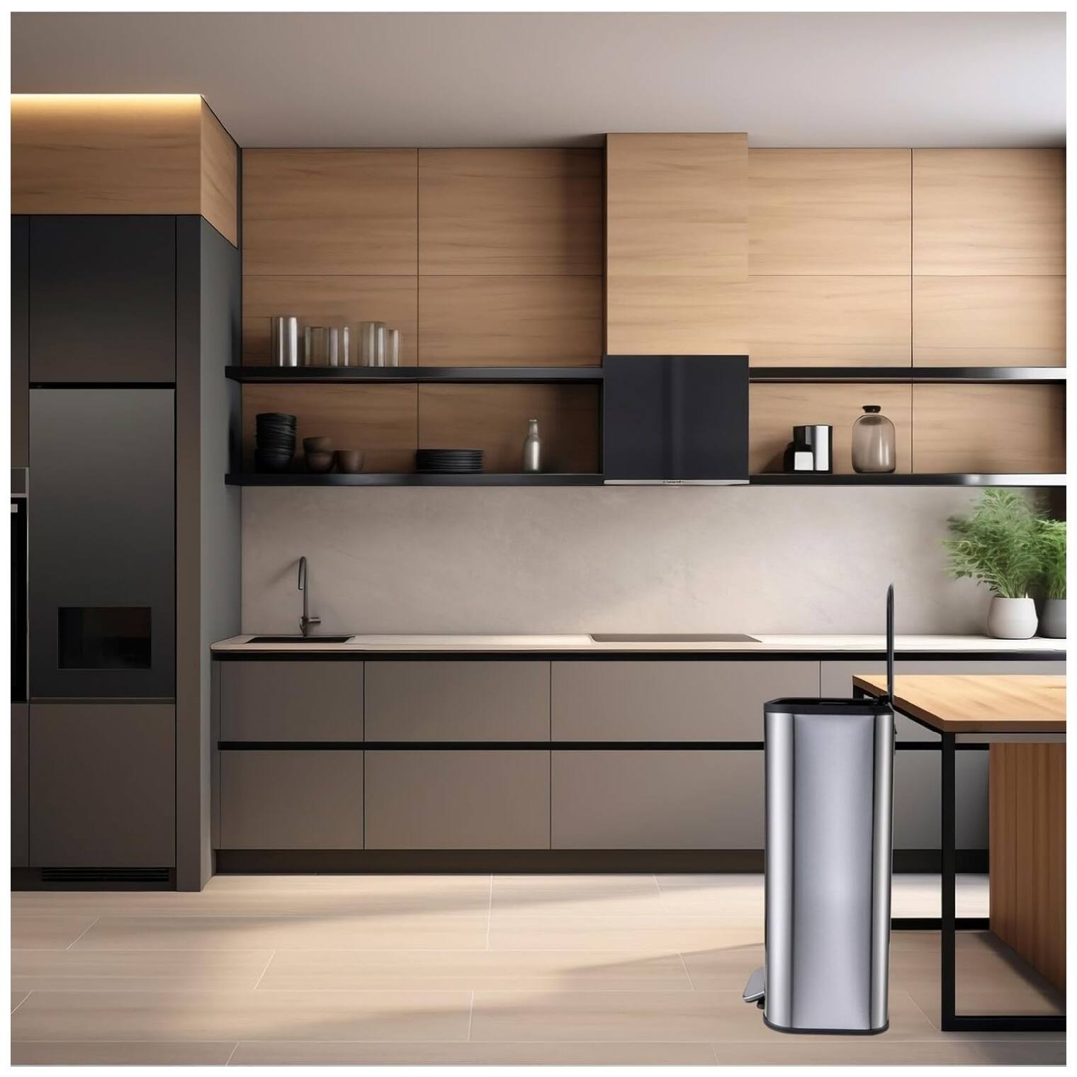 Angle. GARVEE - Kitchen Trash Can, 13.21 Gal/50L Stainless Steel Garbage Bin - Soft-Close Lid - Silver.