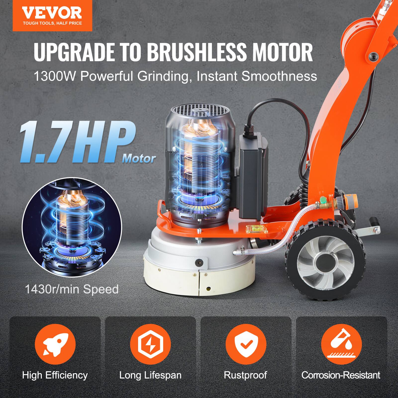 VEVOR TOUGH TOOLS, HALF PRICE

UPGRADE TO BRUSHLESS MOTOR
1300W Powerful Grinding, Instant Smoothness

1.7HP Motor
1430r/min Speed

High Efficiency
Long Lifespan
Rustproof
Corrosion-Resistant