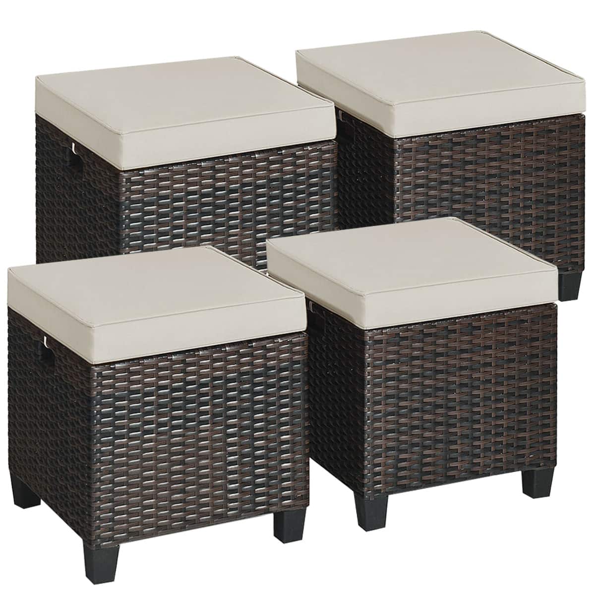 Front. Costway - 4PCS Patio Rattan Ottoman Cushioned Seat Foot Rest Coffee Table - Brown.