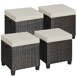 Costway - 4PCS Patio Rattan Ottoman Cushioned Seat Foot Rest Coffee Table - Brown