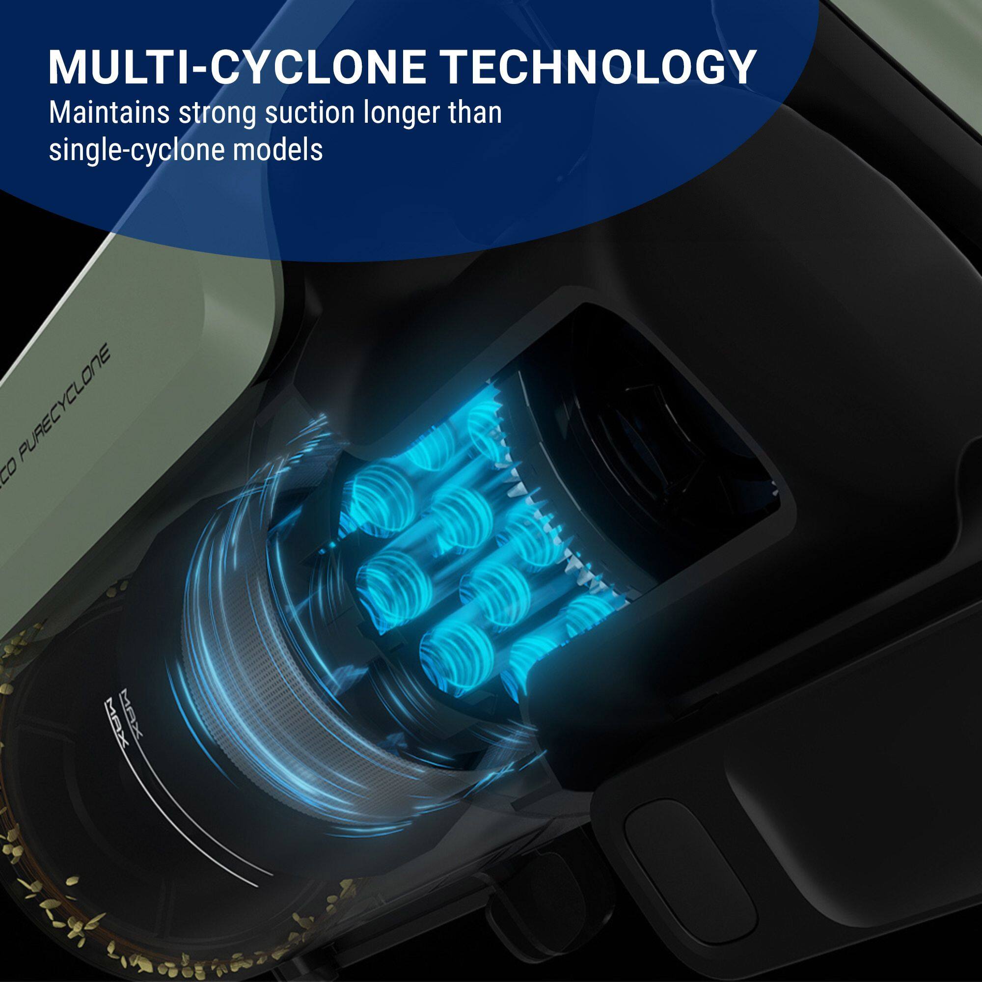 MULTI-CYCLONE TECHNOLOGY  
Maintains strong suction longer than single-cyclone models  

PURECYCLONE  
MAX