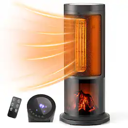Costway - 17 Inch Space Heater, 1500W Portable Tower Heater w/ 135° Oscillation & 3D Realistic Flame - Black
