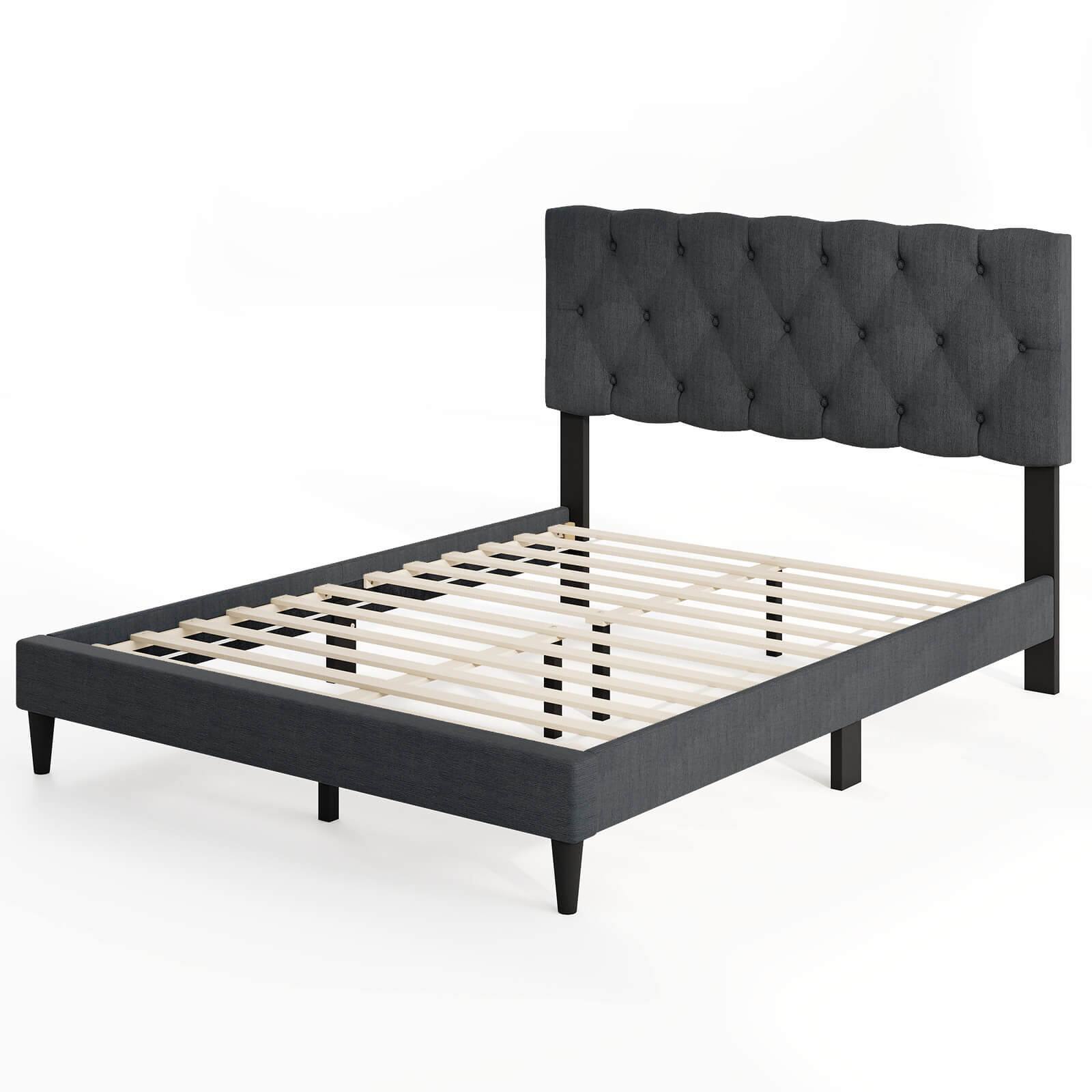 Angle. Costway - Full Size Bed Frame with Button-Tufted Headboard & Wooden Slats Easy Assembly - Gray.