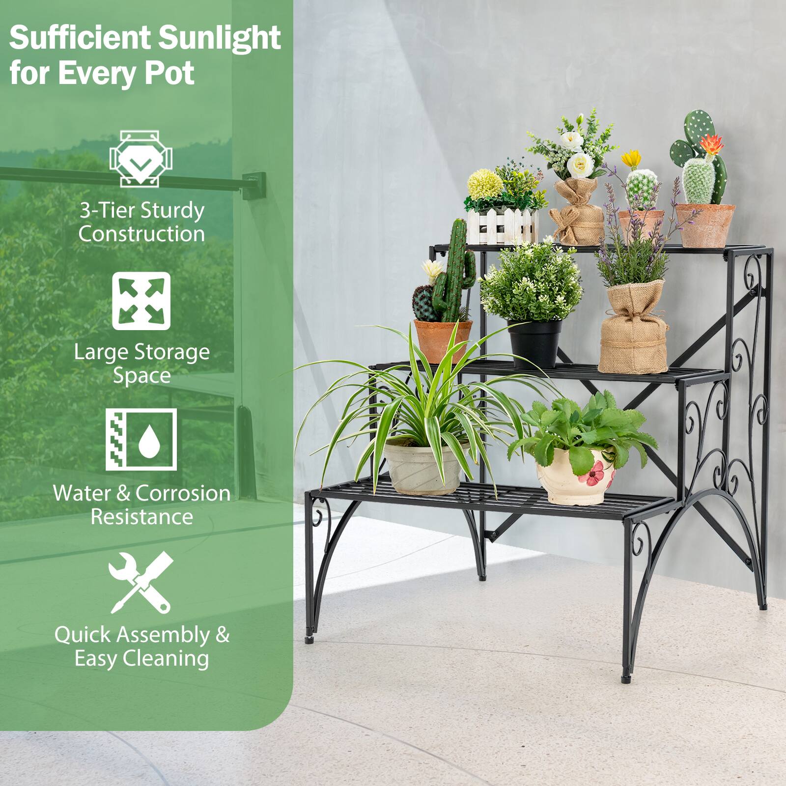 Sufficient Sunlight for Every Pot: This shelf provides adequate sunlight for all the potted plants, ensuring their health and growth.
3-Tier Sturdy Construction: The shelf is made of sturdy materials and features three tiers, providing ample space for potted plants and other items.
Large Storage Space: The shelf offers a large storage space, allowing for the storage of multiple potted plants and other items.
Water & Corrosion Resistance: The shelf is designed to be water and corrosion resistant, ensuring that the plants and items stored on it remain safe and protected.
Quick Assembly & Easy Cleaning: The shelf is easy to assemble and clean, making it a convenient and practical addition to any space.