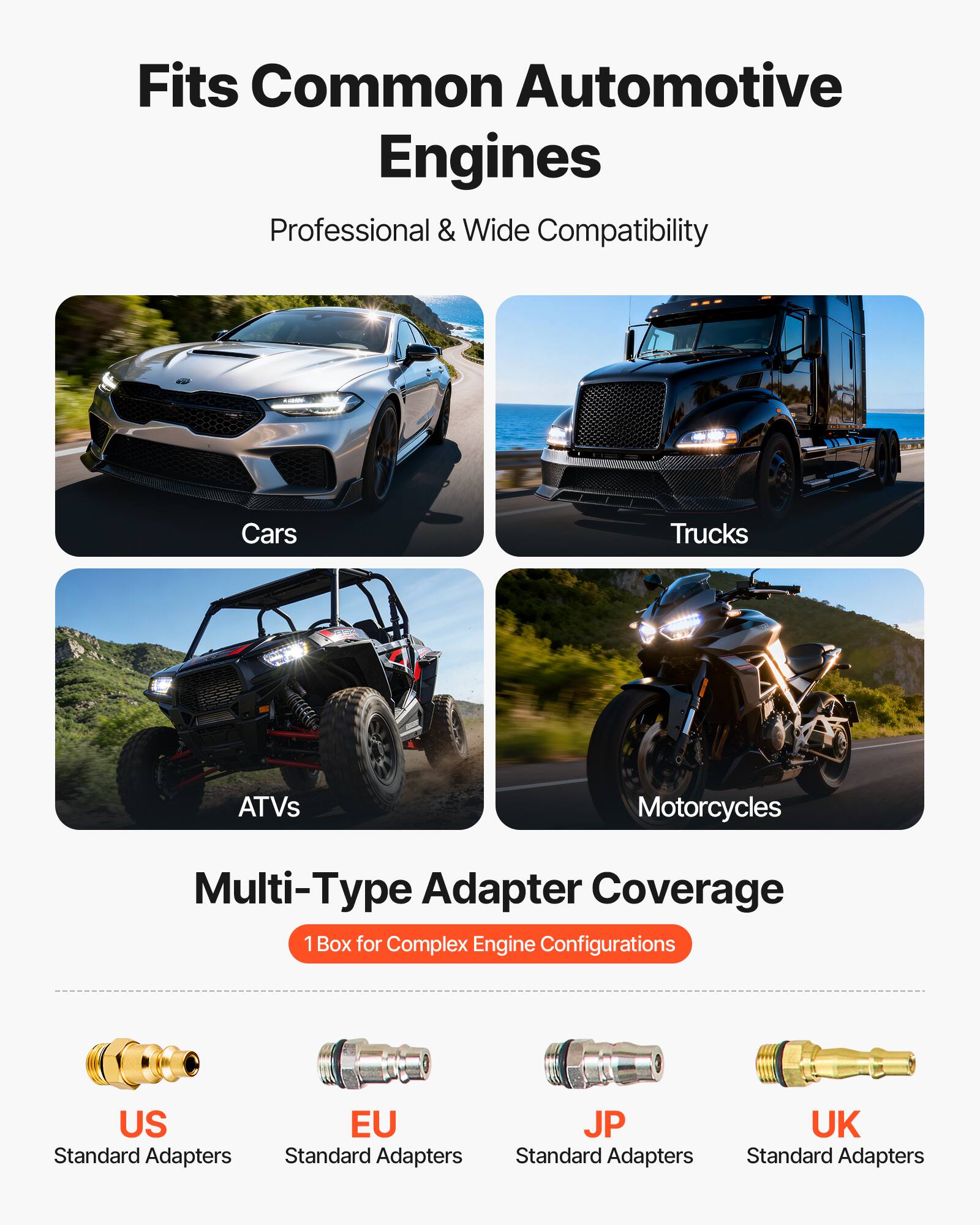 Fits Common Automotive Engines  
Professional & Wide Compatibility  

Cars  
Trucks  
ATVs  
Motorcycles  

Multi-Type Adapter Coverage  
1 Box for Complex Engine Configurations  

US Standard Adapters  
EU Standard Adapters  
JP Standard Adapters  
UK Standard Adapters