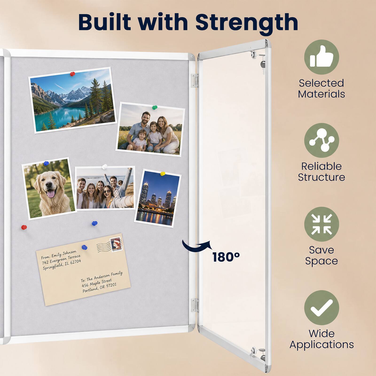 Built with Strength

Selected Materials

Reliable Structure

Emily Johnson  
From: Terrace 742 Evergreen IL 62704 Springfield,  
Anderson Family  
To: The Street 456 Maple OR 97201 Portland,

180

Save Space

Wide Applications