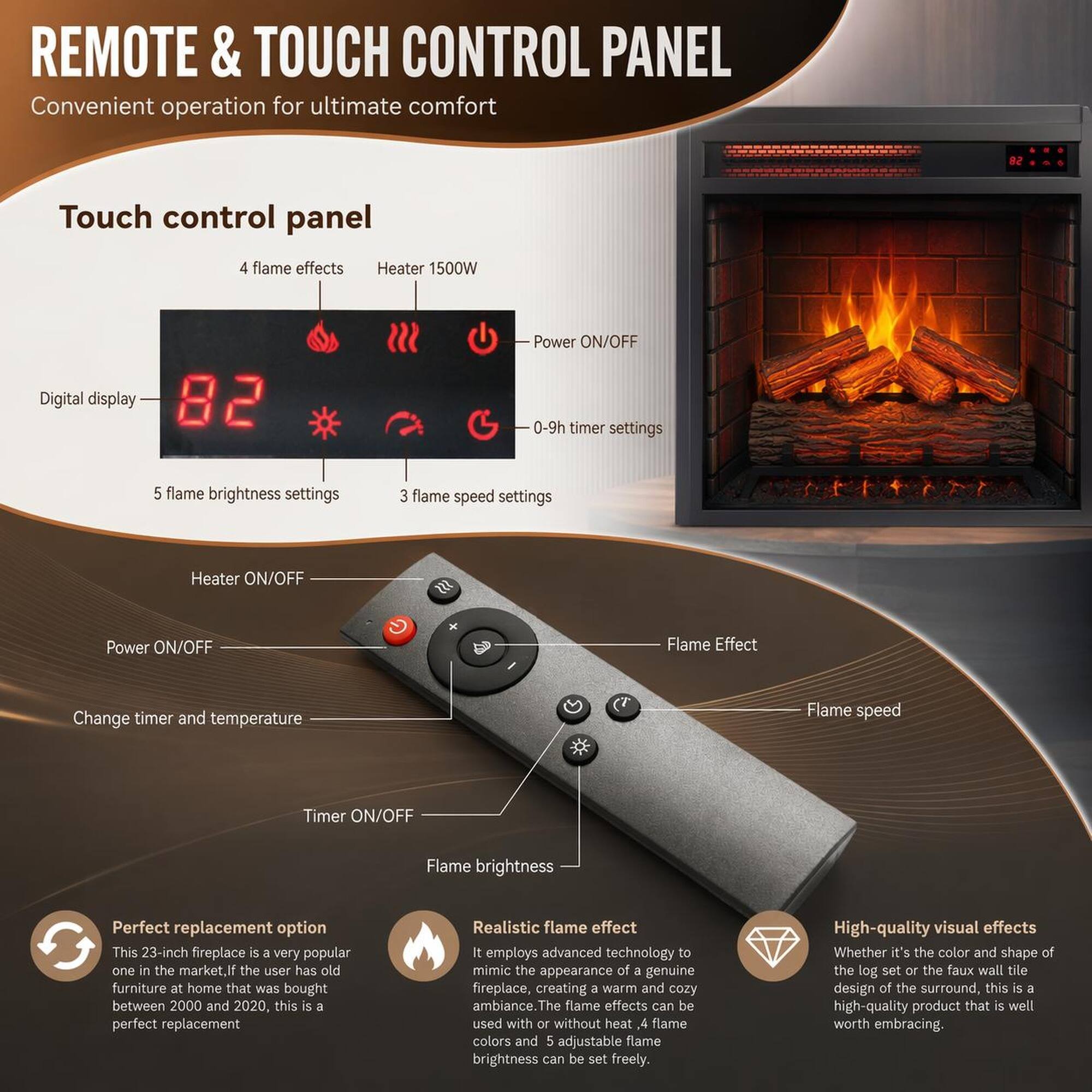 REMOTE & TOUCH CONTROL PANEL  
Convenient operation for ultimate comfort

Touch control panel  
4 flame effects  
Heater 1500W  
Digital display  
82  
Power ON/OFF  
0-9h timer settings  
5 flame brightness settings  
3 flame speed settings  
Heater ON/OFF  
22  
Power ON/OFF  
Flame Effect  
Change timer and temperature  
Flame speed  
Timer ON/OFF  
Flame brightness

Perfect replacement option  
This 23-inch fireplace is a very popular one in the market. If the user has old furniture at home that was bought between 2000 and 2020, this is a perfect replacement

Realistic flame effect  
It employs advanced technology to mimic the appearance of a genuine fireplace, creating a warm and cozy ambiance. The flame effects can be used with or without heat. 4 flame colors and 5 adjustable flame brightness can be set freely.

High-quality visual effects  
Whether it's the color and shape of the log set or the faux wall tile design of the surround, this is a high-quality product that is well worth embracing.