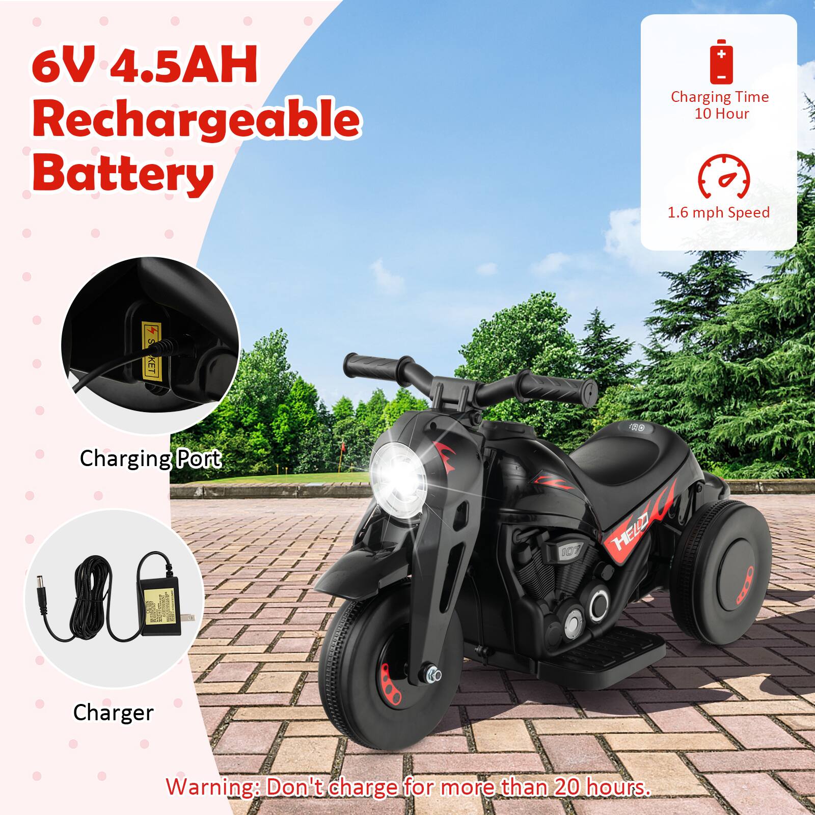 6V 4.5AH Rechargeable Battery

- Charging Time: 10 Hour
- 1.6 mph Speed

Charging Port

Charger

Warning: Don't charge for more than 20 hours.