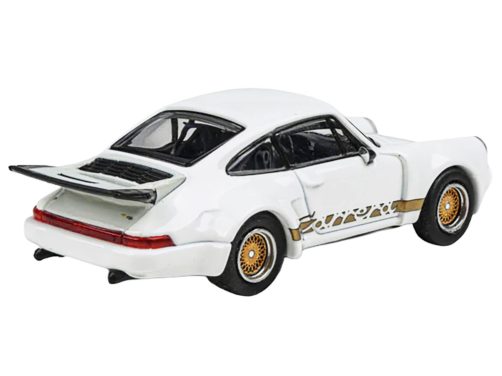 Left. Paragon - Porsche 911 Carrera RSR 3.0 Grand Prix White with Gold Stripes and Wheels 1/64 Diecast Model Car by Paragon Models - White with Gold.