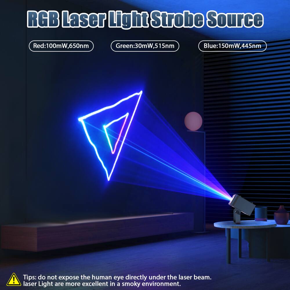 RGB Laser Light Strobe Source

Red: 100mW, 650nm  
Green: 30mW, 515nm  
Blue: 150mW, 445nm  

Tips: do not expose the human eye directly under the laser beam. Laser Light are more excellent in a smoky environment.