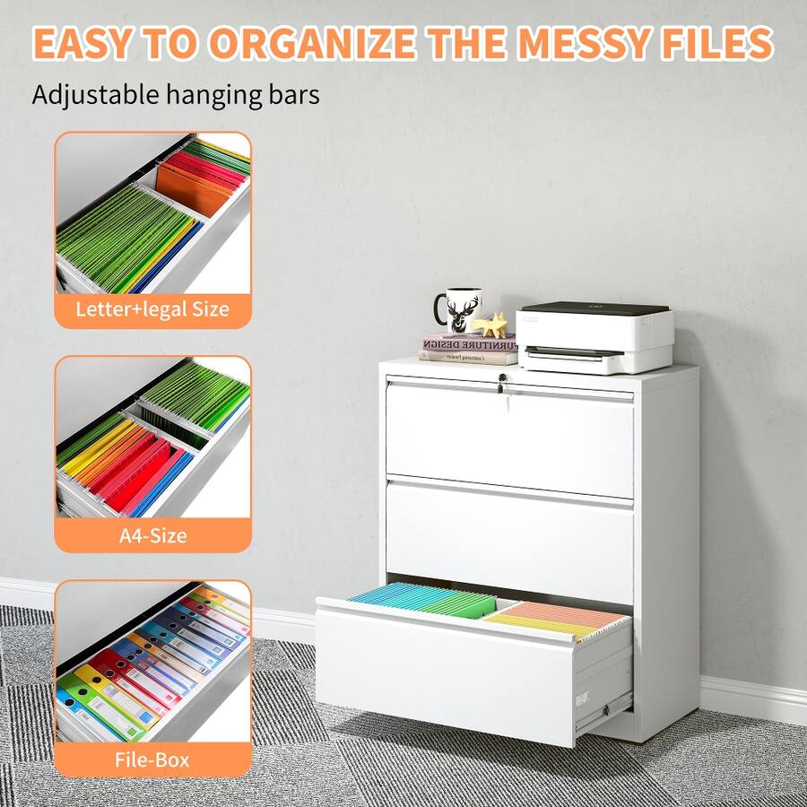 White Leeter R Loheer 3 Drawer Lateral File Cabinet White Locking Metal Filing Cabinet ...