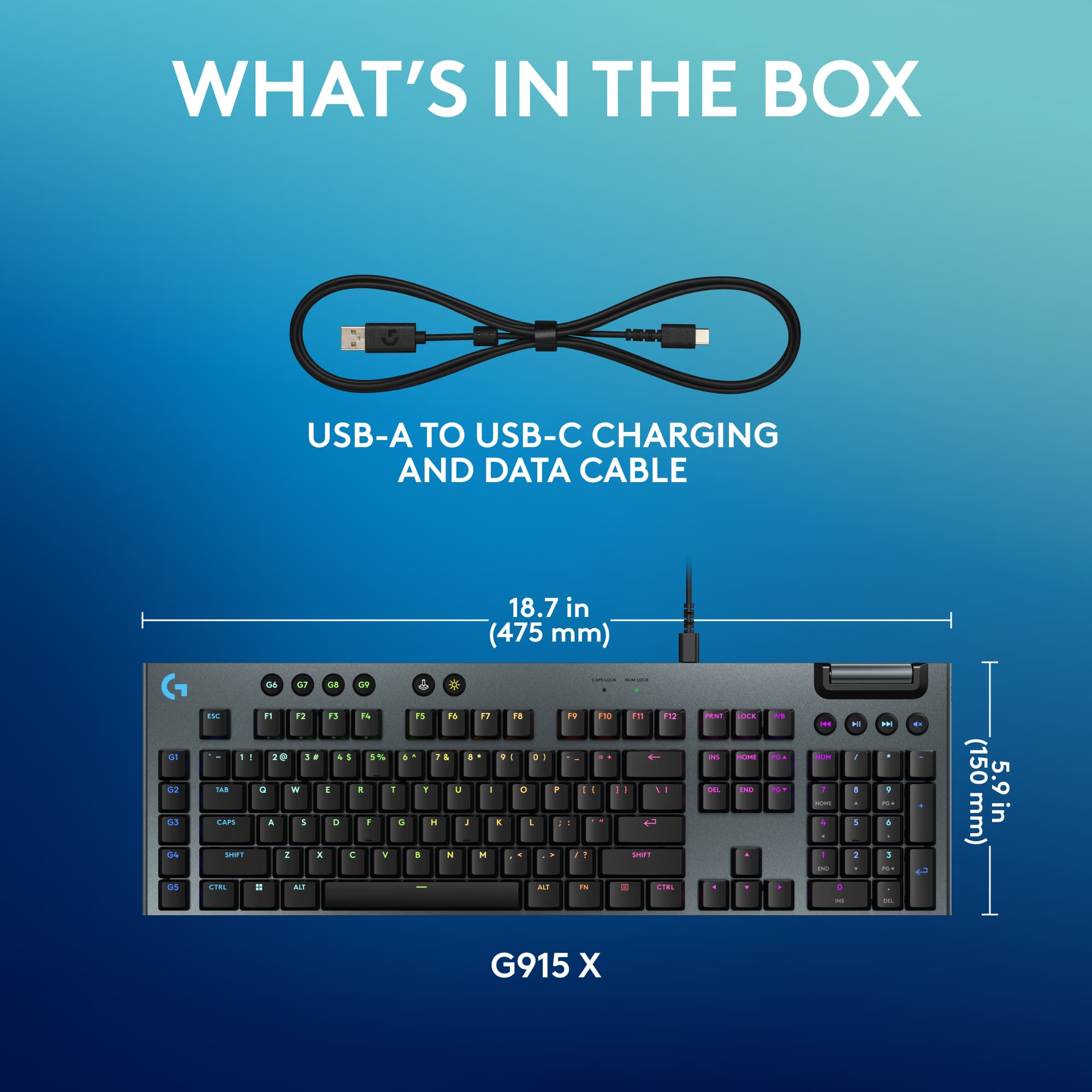 What's in the box: USB-A to USB-C charging and data cable. The cable is 18.7 inches (475 mm) long.