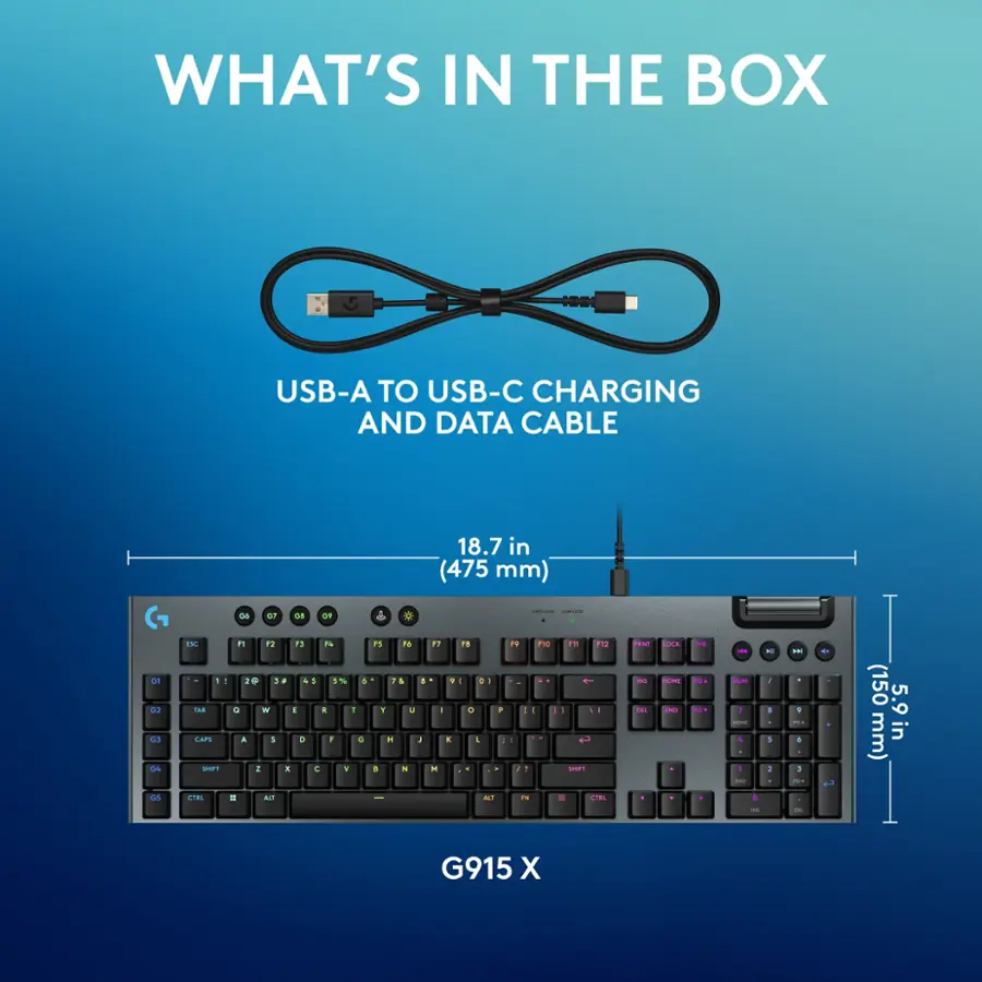 What's in the box: USB-A to USB-C charging and data cable. The cable is 18.7 inches (475 mm) long.
