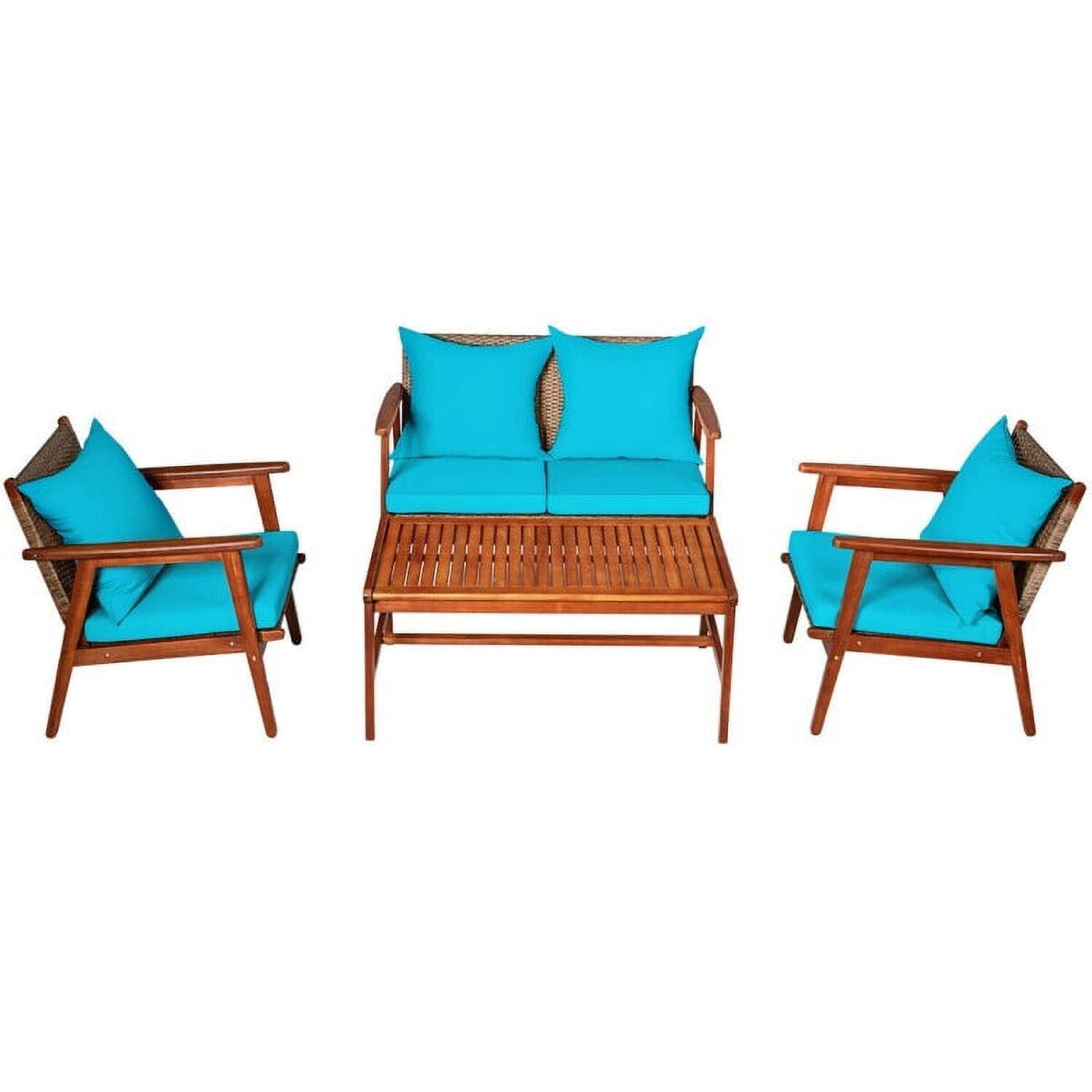 Kadyn - 4 Piece Acacia Wood Patio Rattan Furniture Set, Outdoor Furniture Garden Conversation Sets-Red - Blue