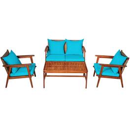 Kadyn - 4 Piece Acacia Wood Patio Rattan Furniture Set, Outdoor Furniture Garden Conversation Sets-Red - Blue