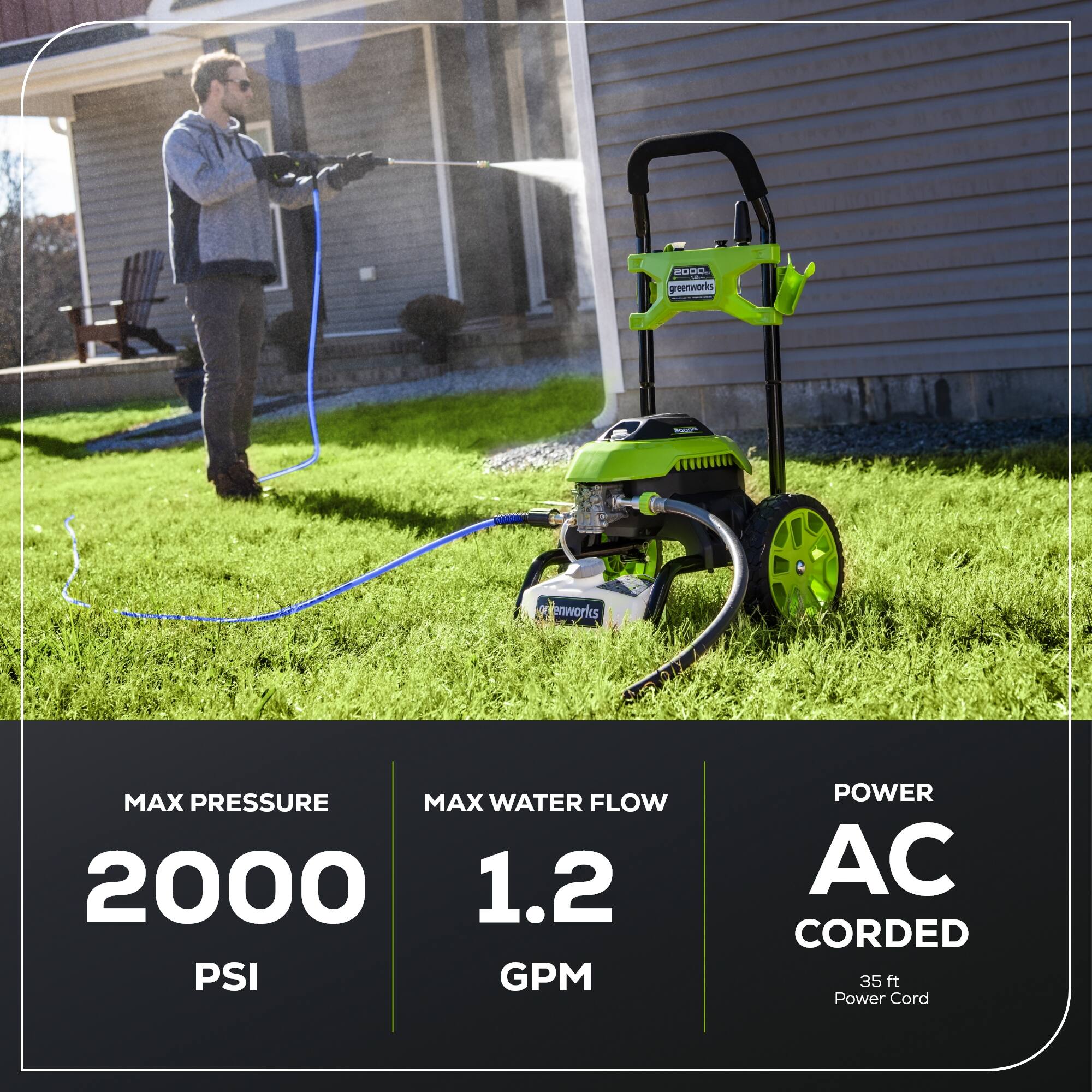 ROOO. Greenworks  
MAX PRESSURE 2000 PSI  
MAX WATER FLOW 1.2 GPM  
POWER AC CORDED 35 ft Power Cord