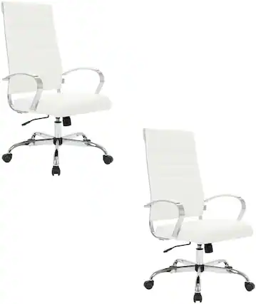 Front. LeisureMod - Set of 2 Benmar High Back Ergonomic Leather Upholstered Office Chair with Adjustable Height and Padded Armrests - White.
