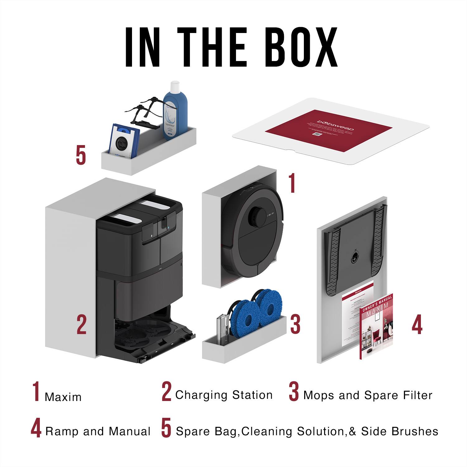 IN THE BOX

1. Maxim
2. Charging Station
3. Mops and Spare Filter
4. Ramp and Manual
5. Spare Bag, Cleaning Solution, & Side Brushes