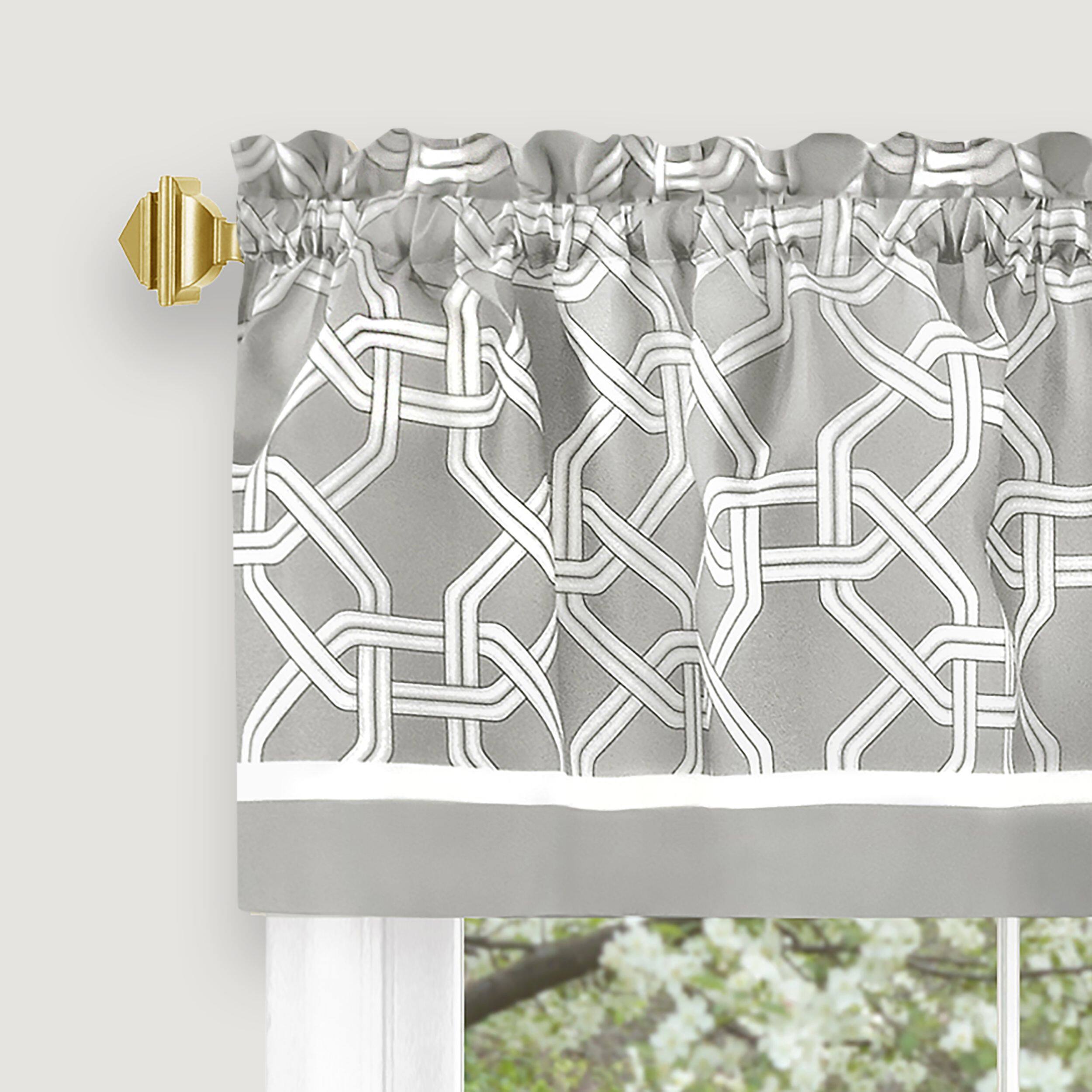 Angle. Kate Aurora - Kate Aurora Geometric Crescent 3 Piece Rod Pocket Cafe Kitchen Curtain Tier & Valance Set - 24 in. Long - Gray - Gray.