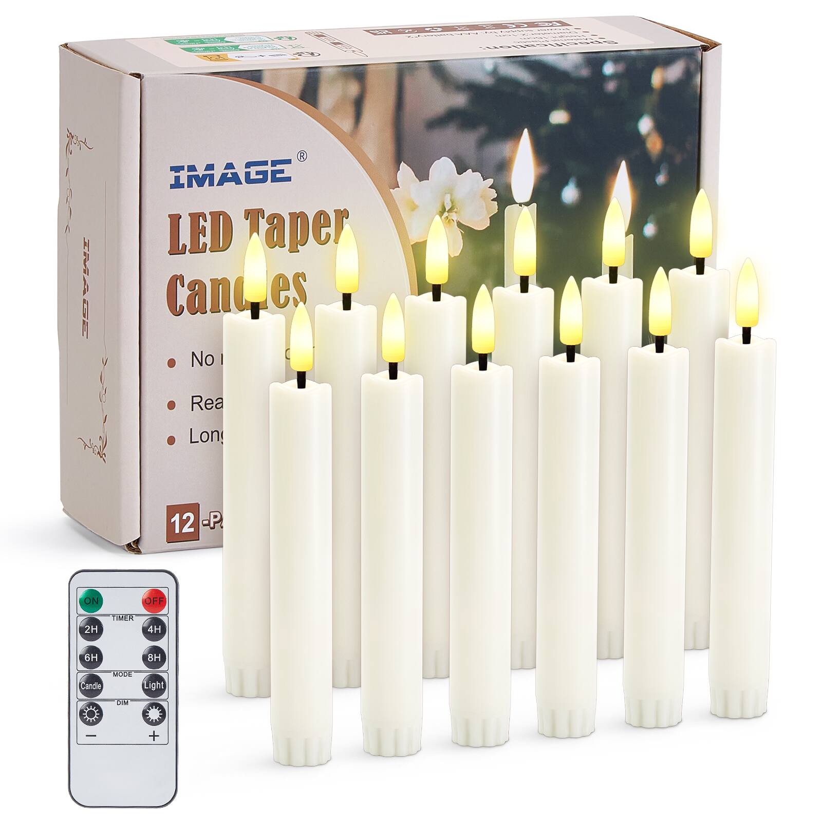 CENZON Chawaming  
NEW  
Specification:  
IMAGE LED Taper Candle, No  
Rea Lon  
12 P  
ON  
OFF  
2H  
TIMER  
4H  
6H  
8H  
MODE Candle Light  
DIM