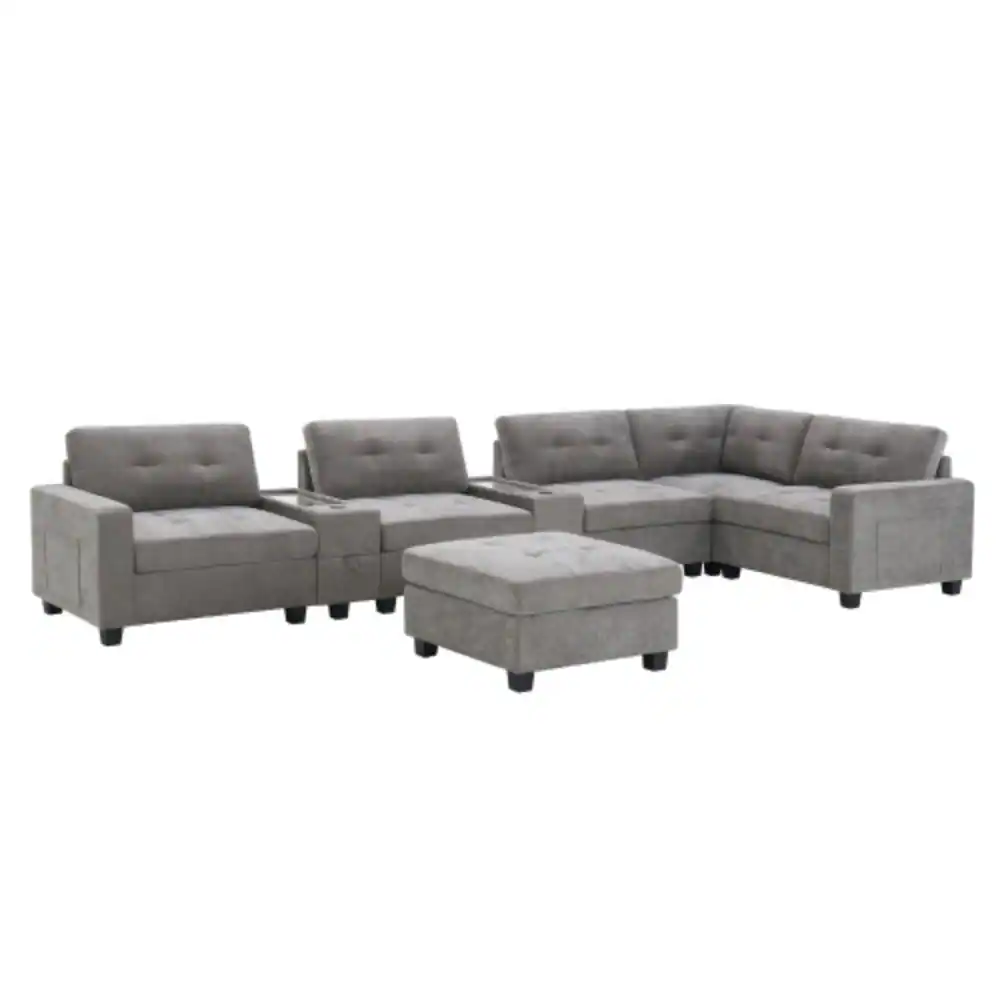 Alt View 6. LUCKY ONE - 104" L-Shape U-Shape Modular Chenille Sectional Sofa w/ 2 Consoles USB Charger Ottoman - Gray.