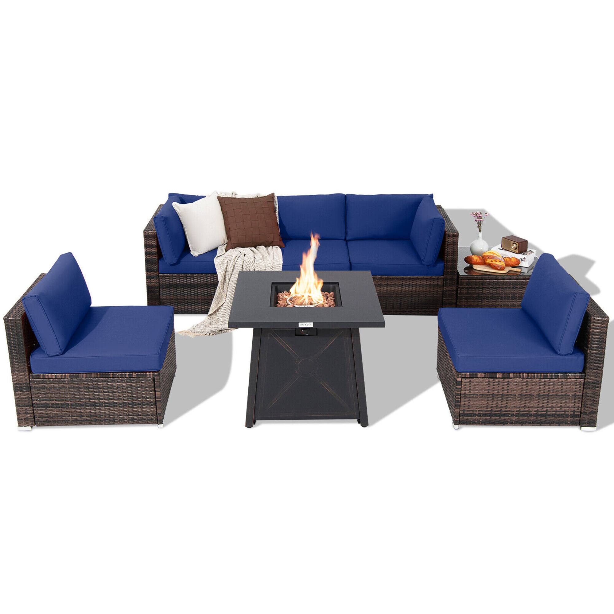 Alt View 3. Gymax - Gymax 7PCS Rattan Patio Sectional Furniture Set w/ 30'' Fire Pit Table & Navy Cushion - Navy.