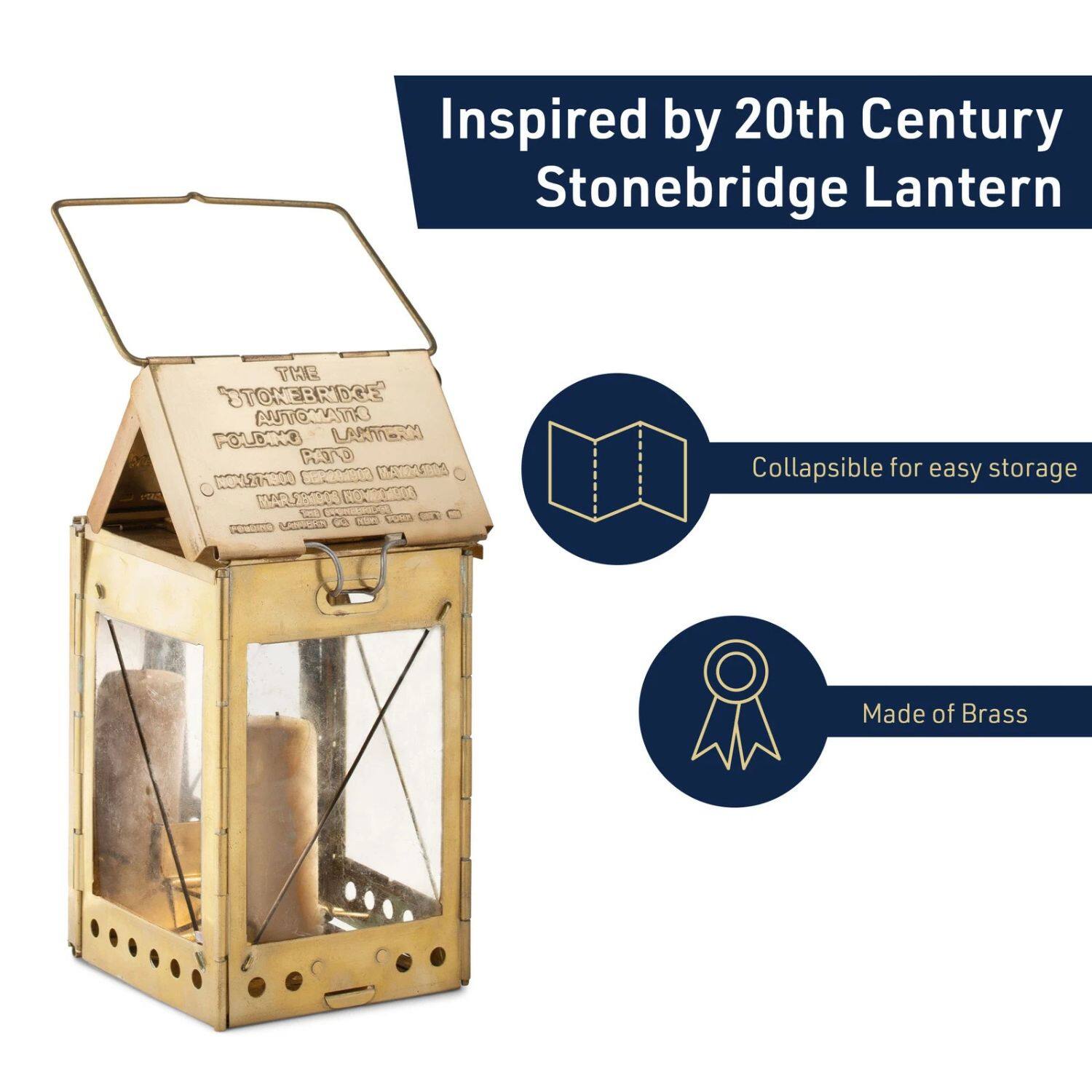 Inspired by 20th Century Stonebridge Lantern

THE STONEBRIDGE
AUTOMATIC
FOLDING LANTERN
PATENT O20 BE4
MARESETO -N C Coeeonea C C C n

Collapsible for easy storage

Made of Brass
