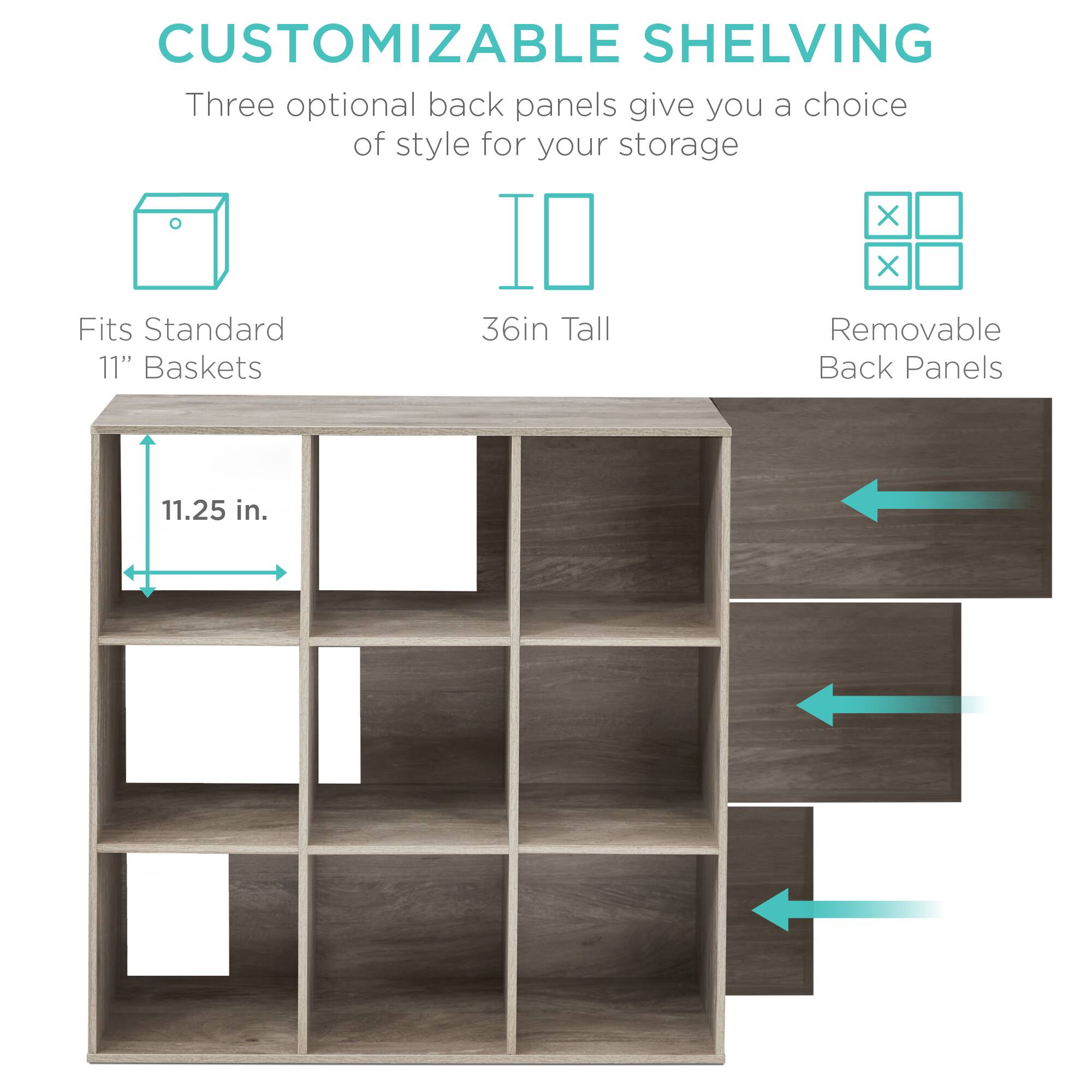 CUSTOMIZABLE SHELVING

Three optional back panels give you a choice of style for your storage.

- Fits Standard 11" Baskets
- 36in Tall
- Removable Back Panels

11.25 in.