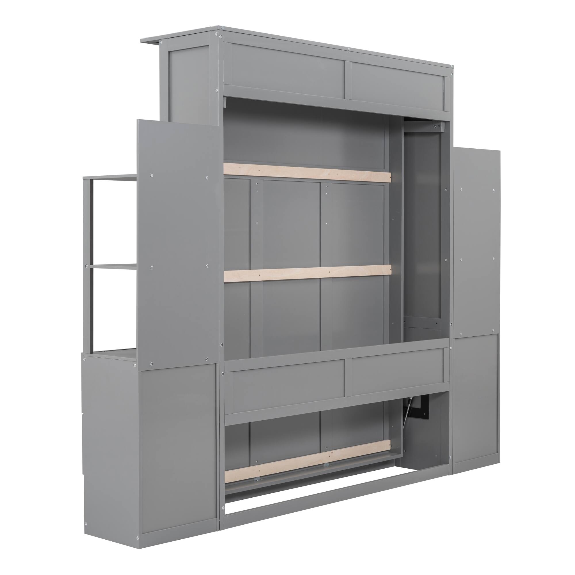 Alt View 5. Tiramisubest - Queen Size Murphy Wall Bed w/ Shelves, Drawers, LED Lights, Gray, 88x104x88 inches, 286 lbs - Gray.