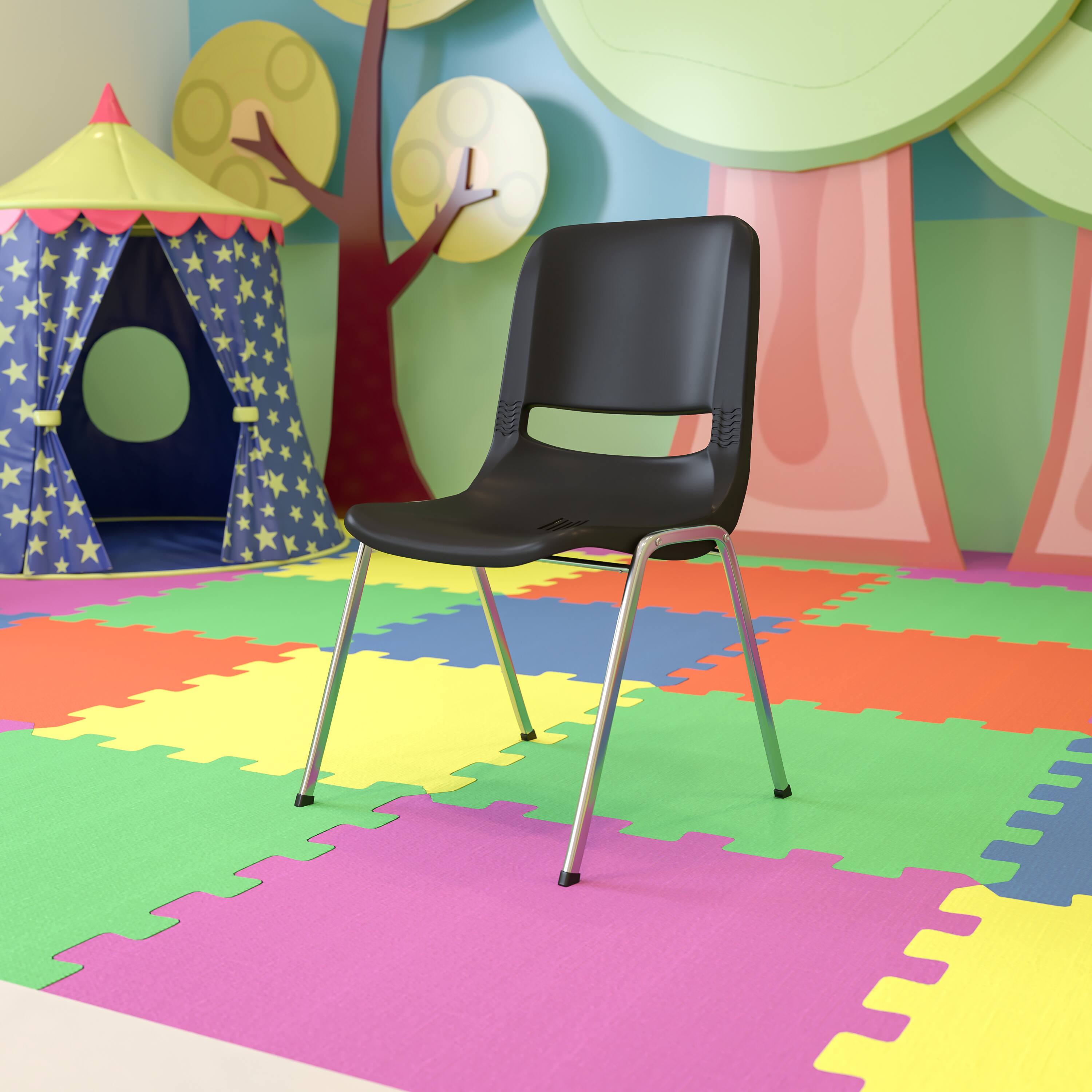 Alt View 1. Emma + Oliver - Ergonomic Chrome Stack Chair - 18" Seat Daycare Home School - Black Plastic/Chrome Frame.