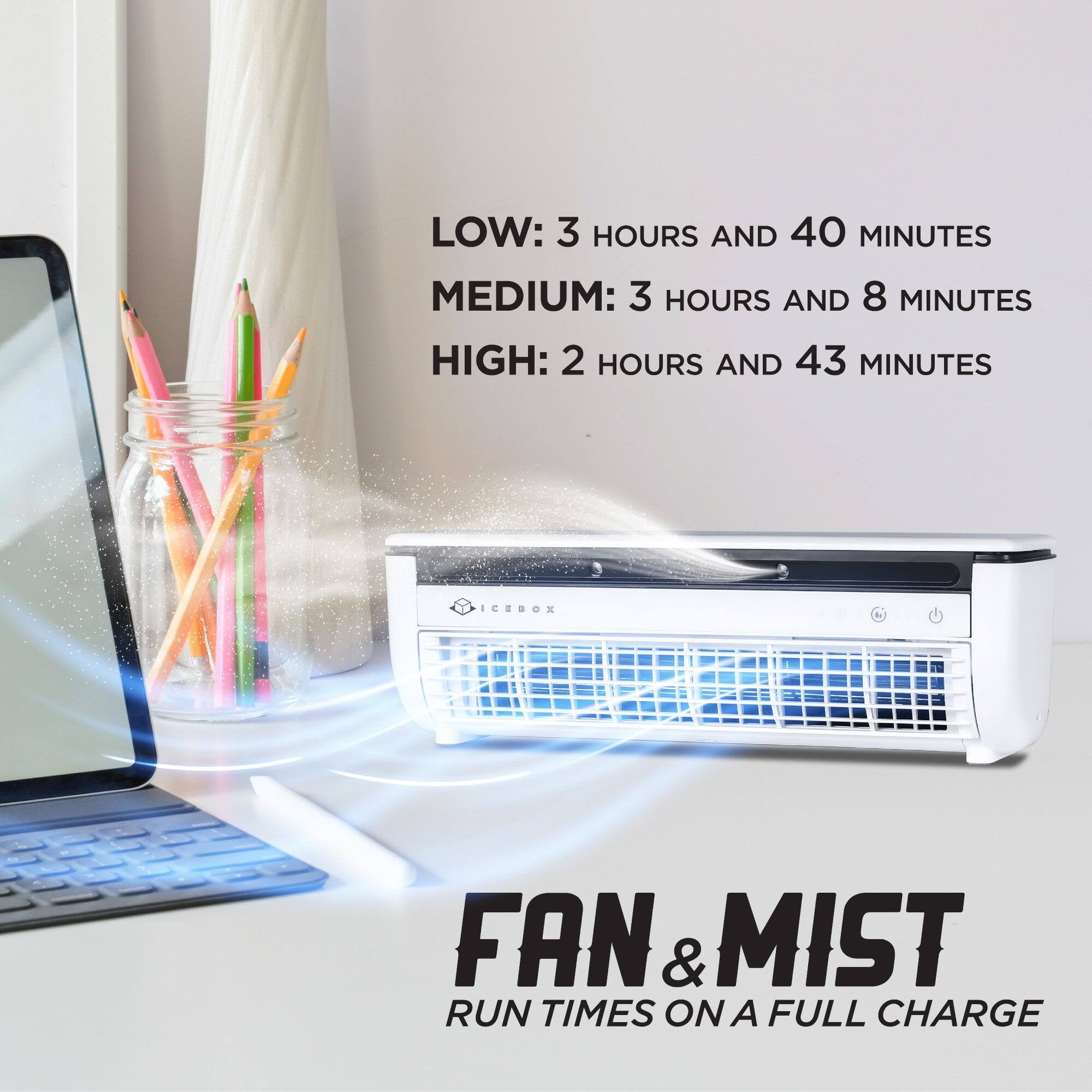 LOW: 3 HOURS AND 40 MINUTES
MEDIUM: 3 HOURS AND 8 MINUTES
HIGH: 2 HOURS AND 43 MINUTES
FAN & MIST
RUN TIMES ON A FULL CHARGE