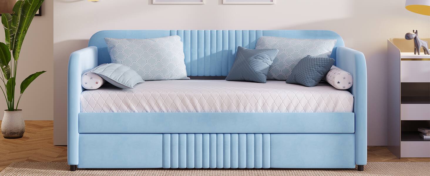 Alt View 9. Tiramisubest - Upholstered Daybed Sofa Bed Twin Size With Trundle Bed and Wood Slat, Light Blue - Light Blue.