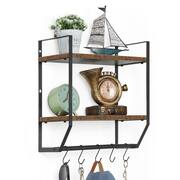 Obby Frame Oumilen 2 Tier Rustic Wood Wall Mount Storage Shelf with 5 Hooks, Black ...