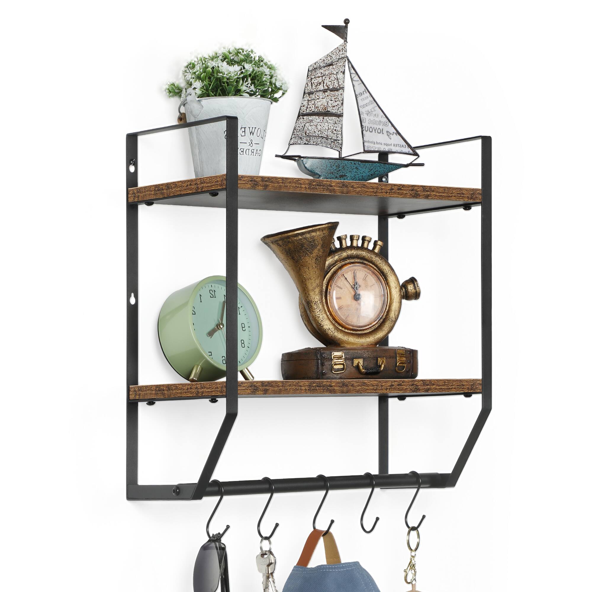 Oumilen 2 Tier Rustic Wood Wall Mount Storage Shelf with 5 Hooks, Black ...