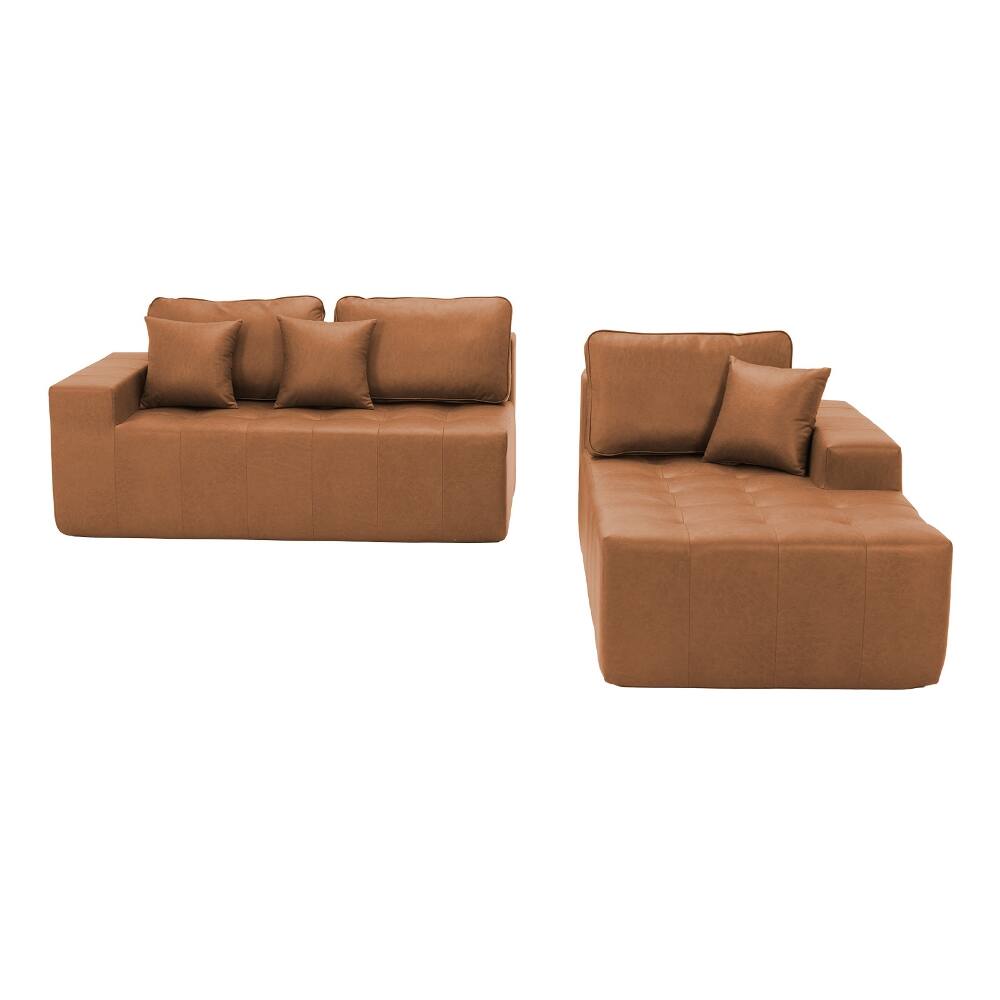 Alt View 4. Loheer - Loheer Faux Leather Sofa Bed L-Shaped Sectional Couch Corner Chaise Light Brown - Light Brown.